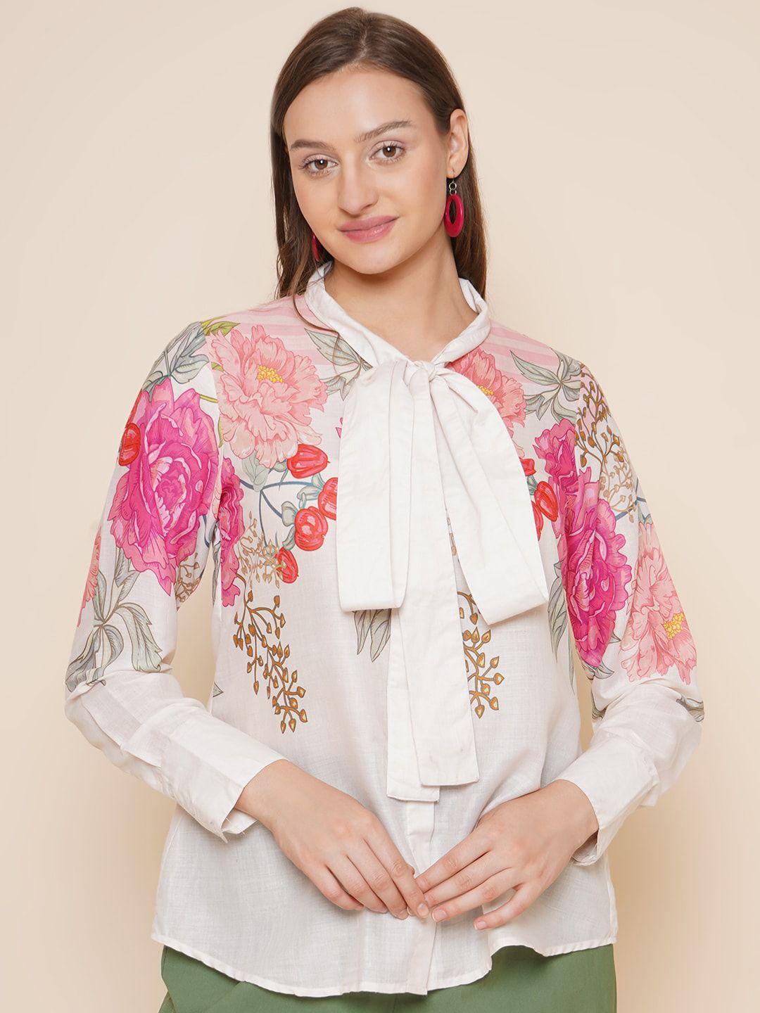 bhama couture floral print tie-up neck cotton top