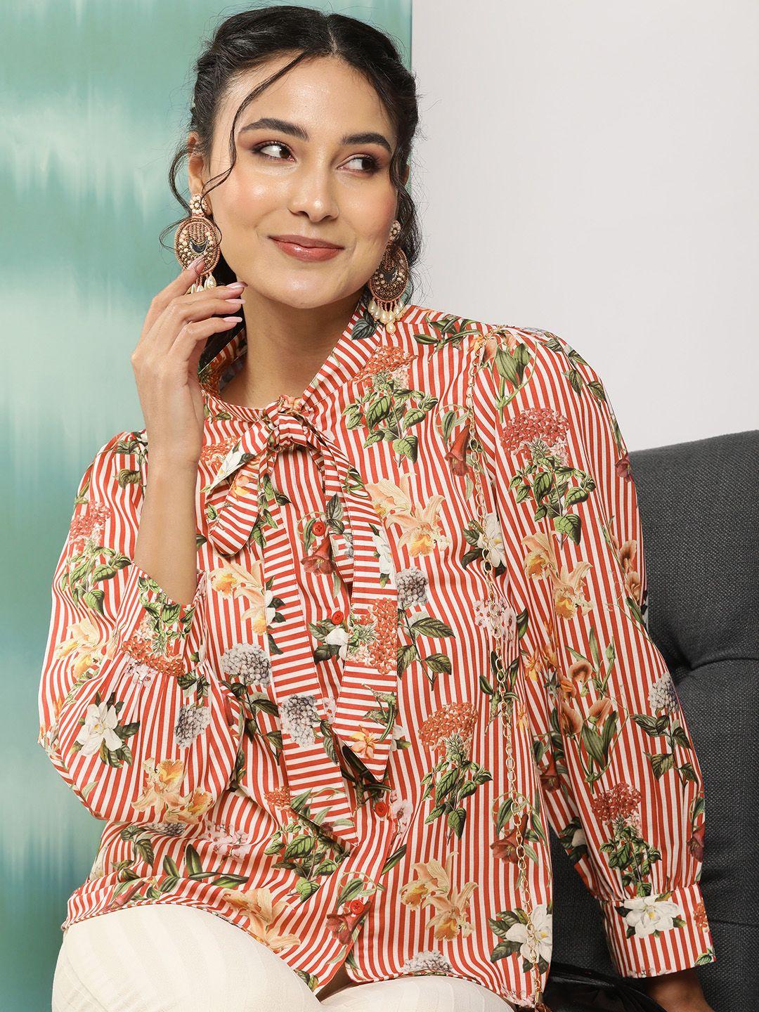 bhama couture floral print tie-up neck puff sleeve top