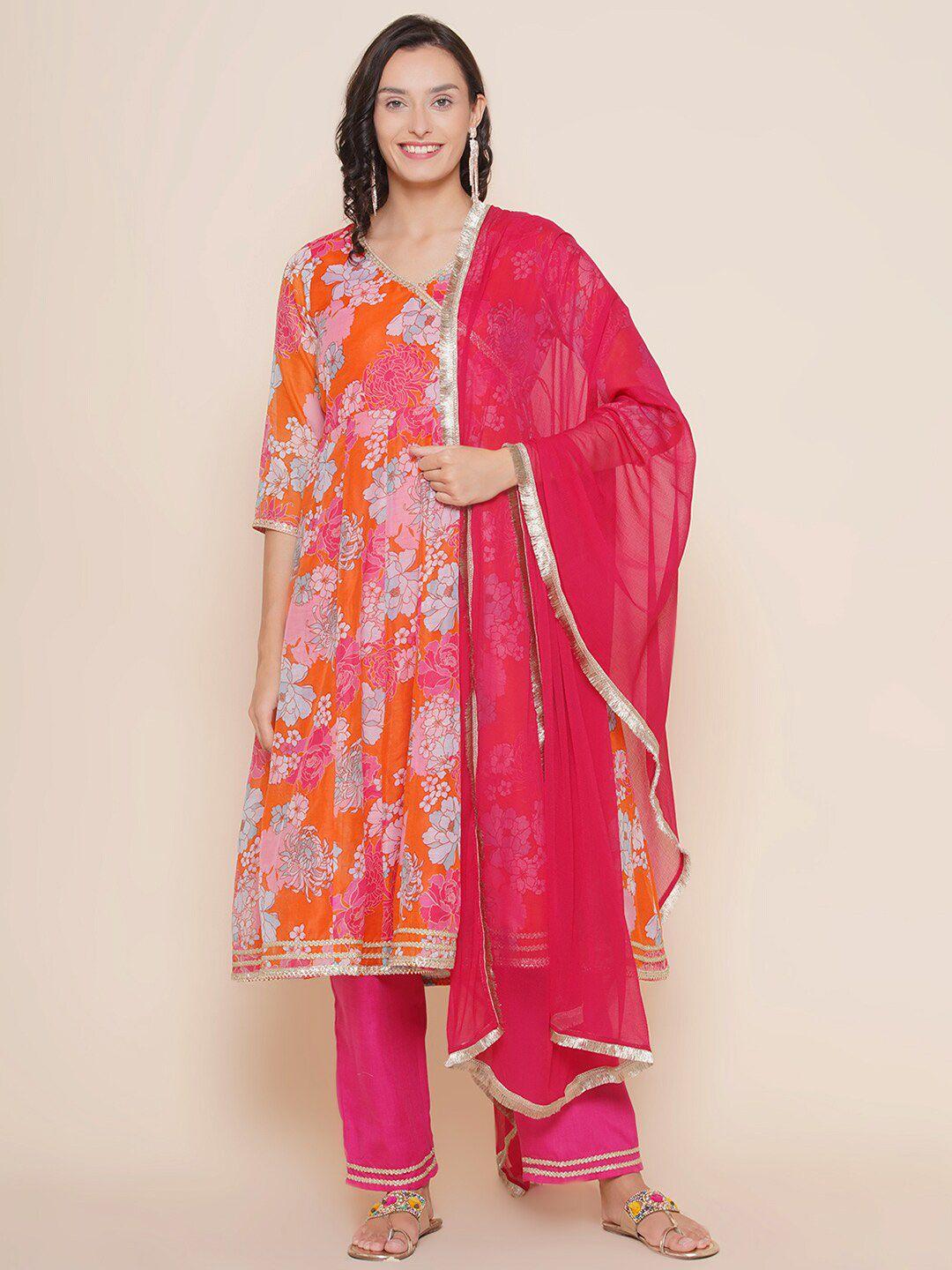 bhama couture floral printed chanderi silk a-line kurta with palazzos & with dupatta