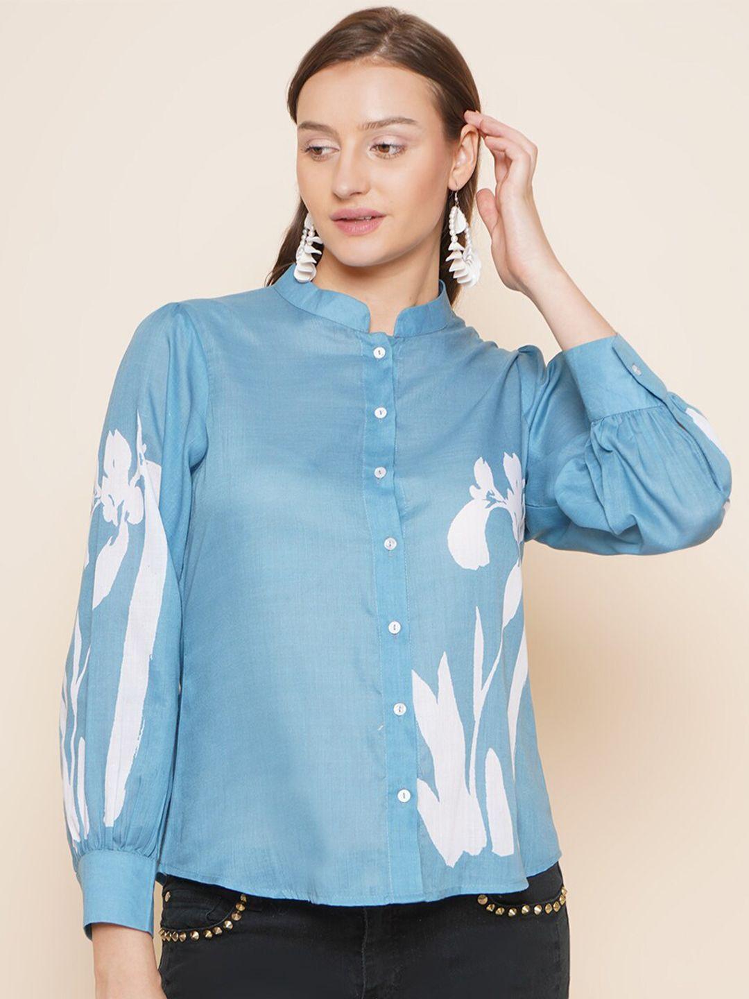 bhama couture floral printed mandarin collar cotton shirt style top