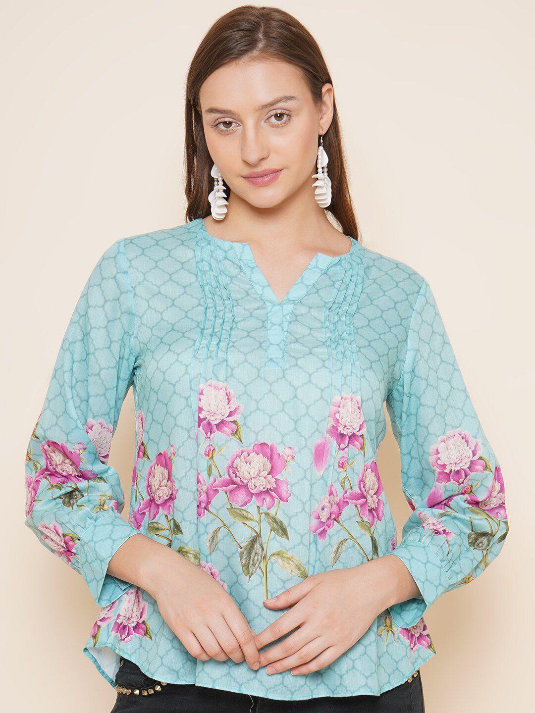 bhama couture floral printed mandarin collar cotton top