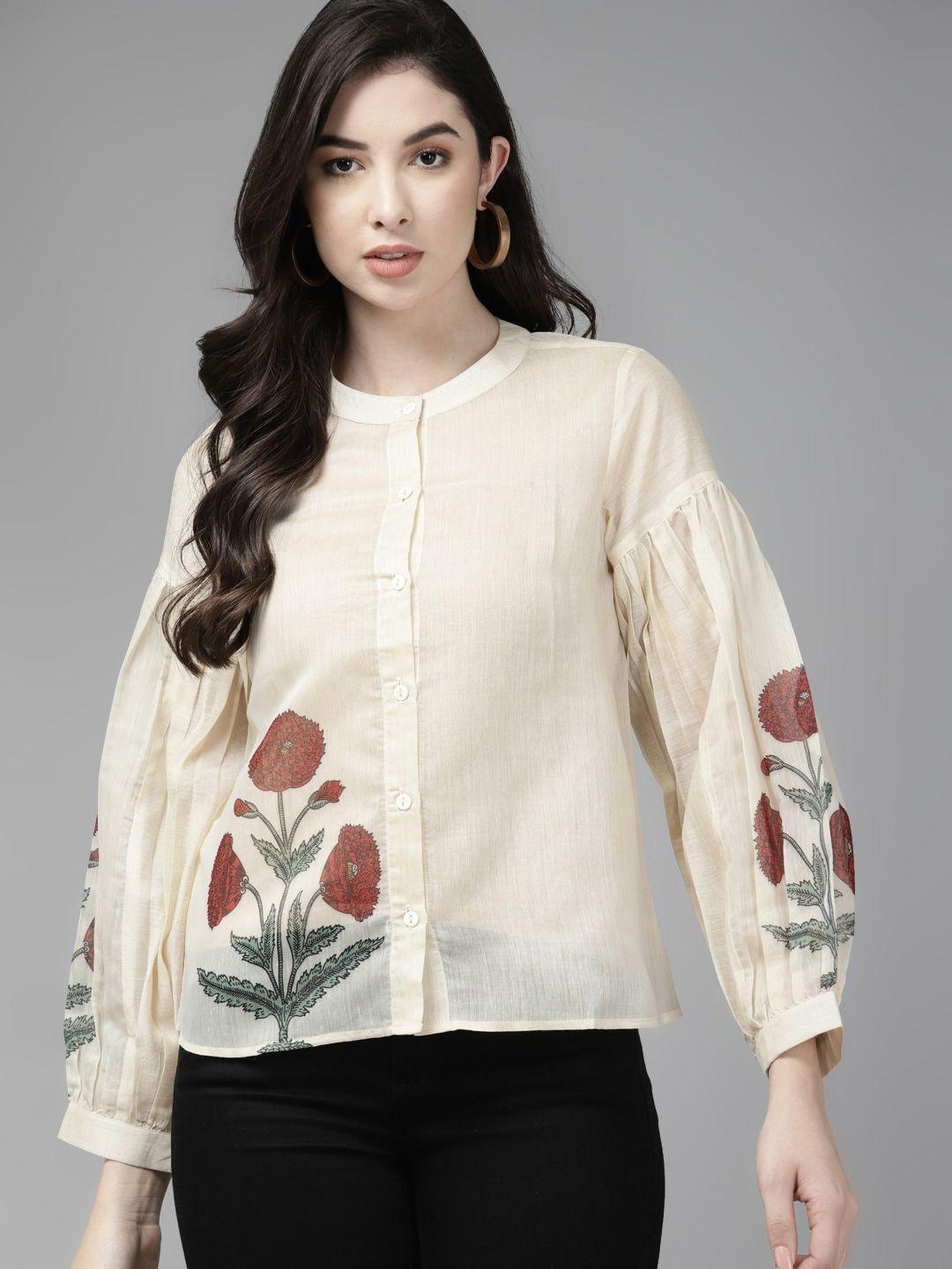 bhama couture floral printed mandarin collar shirt style top