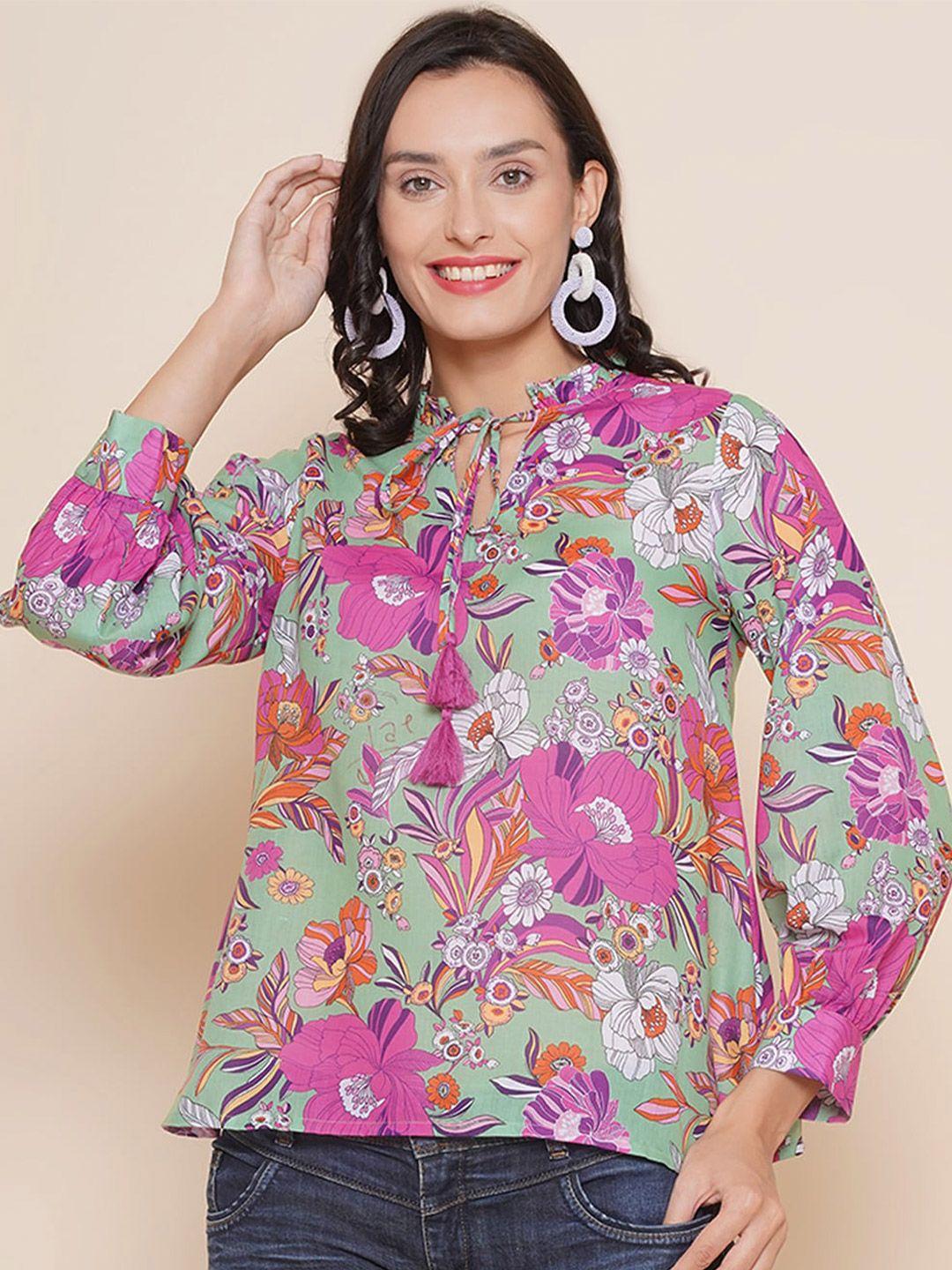 bhama couture floral printed tie-up neck cuffed sleeves ruffles cotton top