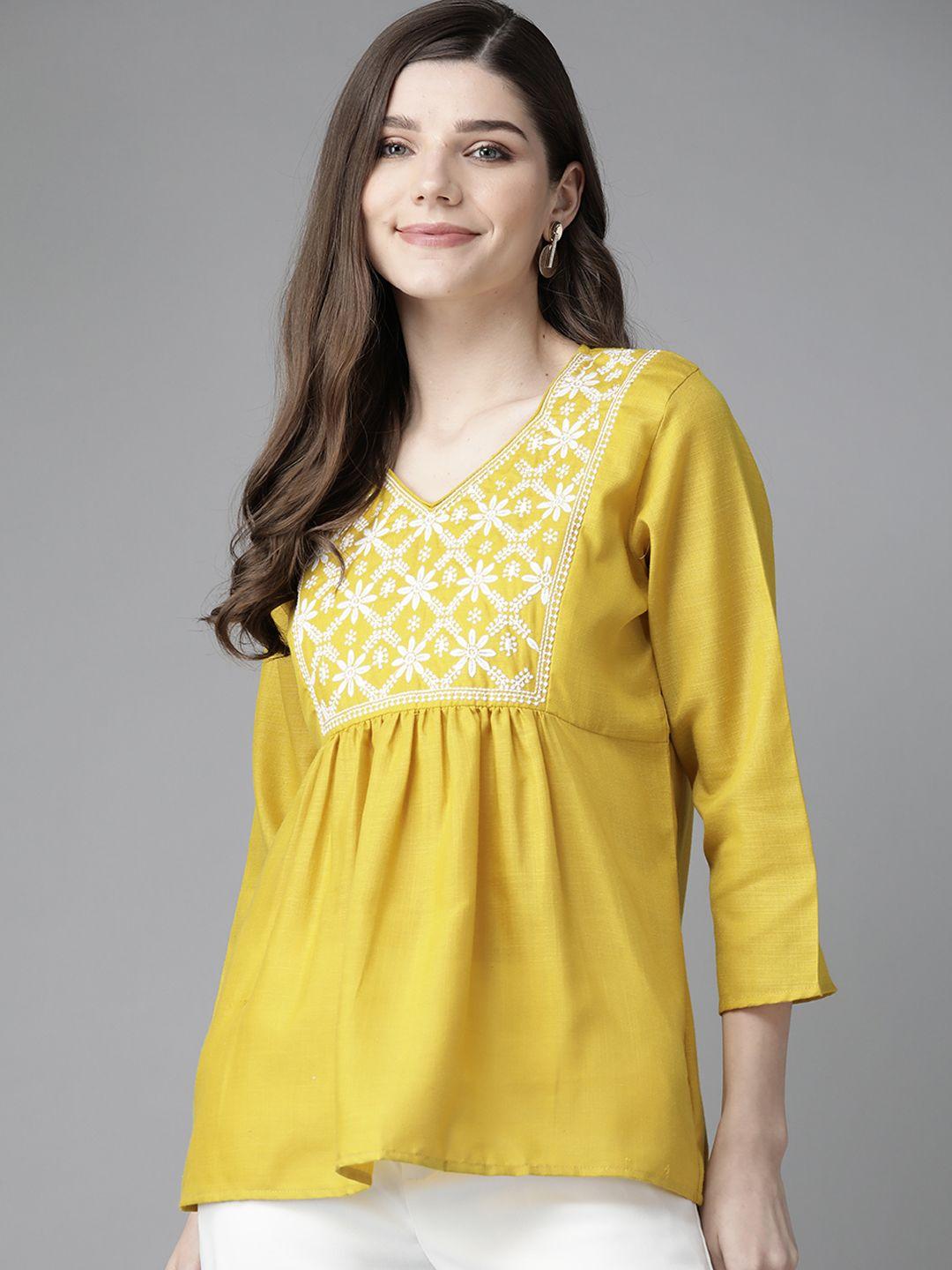 bhama couture mustard yellow & white floral embroidered regular top