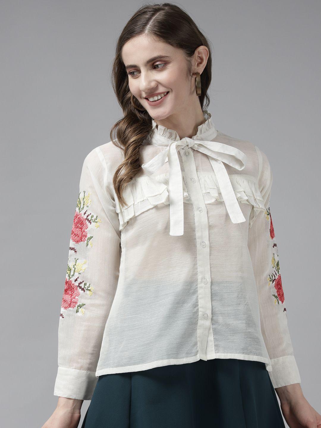 bhama couture off white embroidered tie-up neck ruffles shirt style top