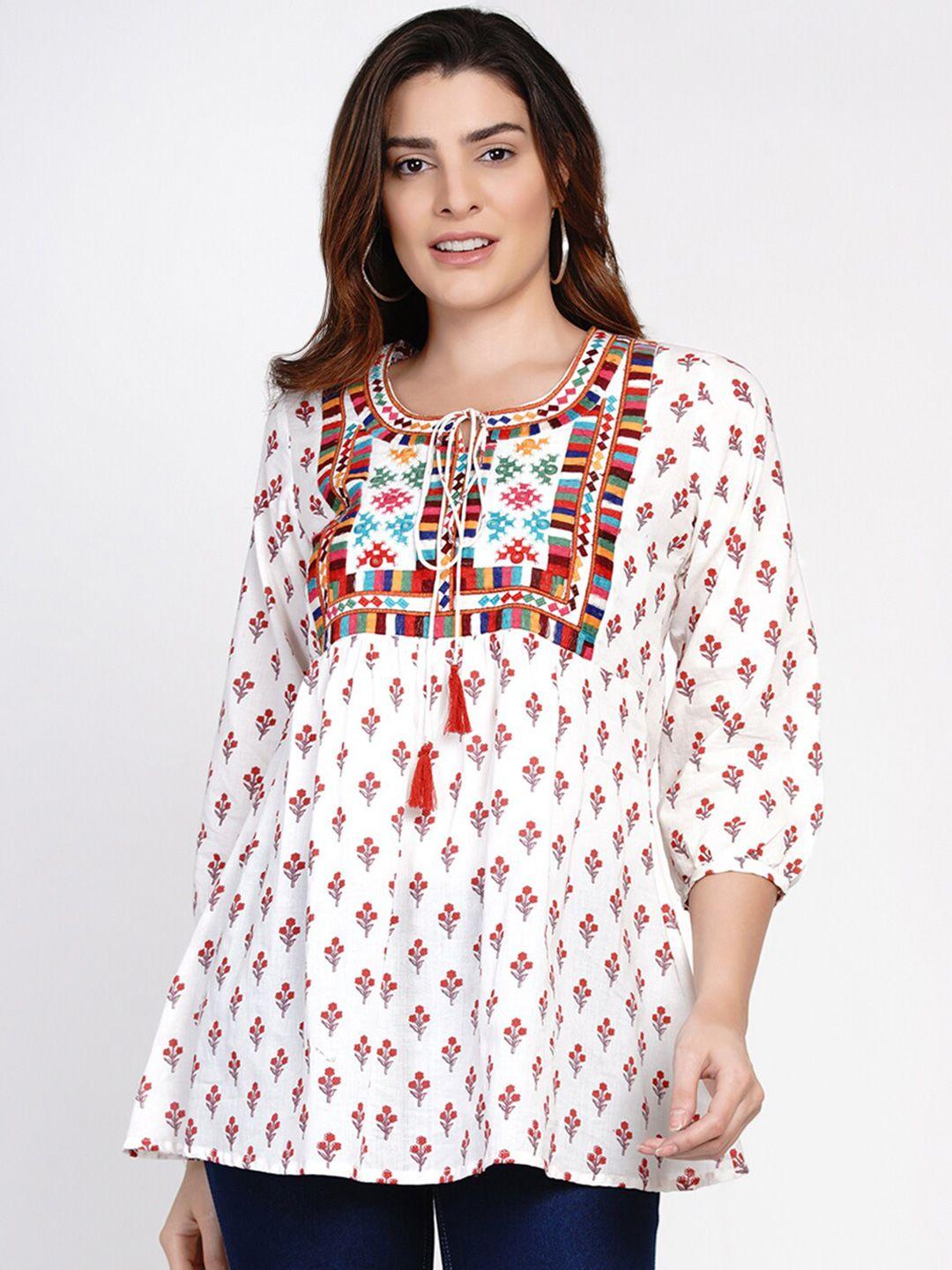 bhama couture white printed tunic with embroidered yoke