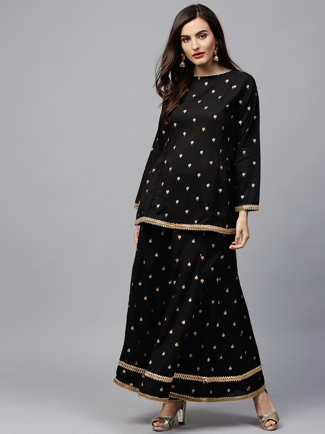 bhama couture women black & golden printed kurti with palazzos
