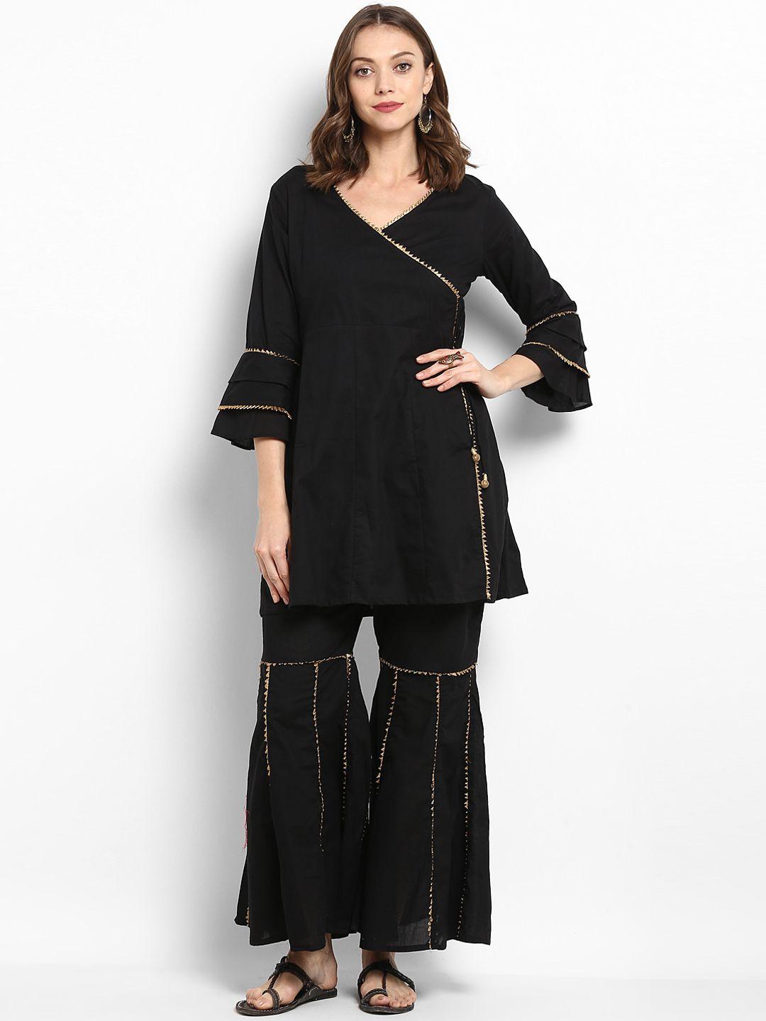 bhama couture women black solid kurta with sharara