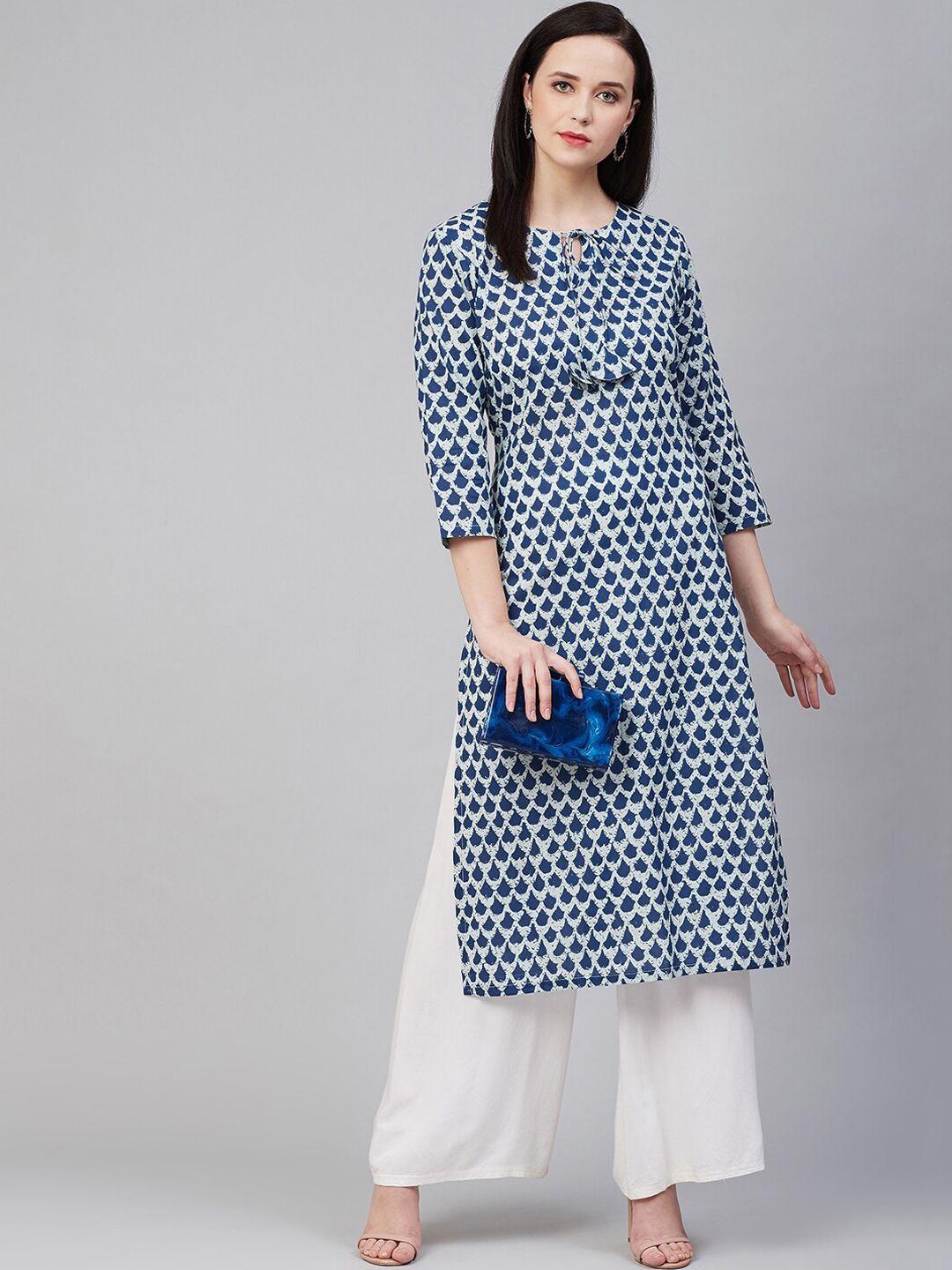 bhama couture women blue & white printed cotton kurta with palazzos