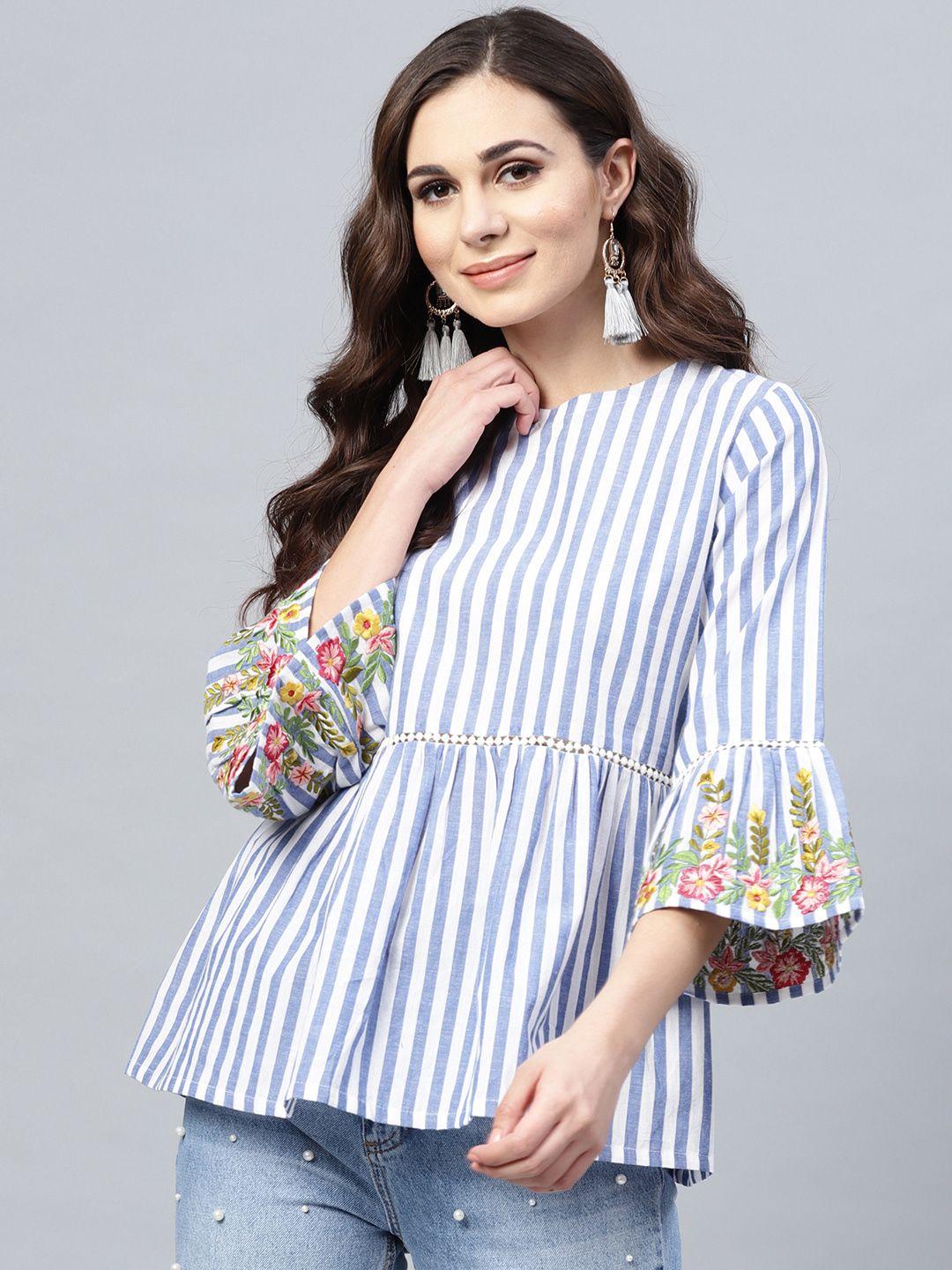 bhama couture women blue & white striped a-line pure cotton top