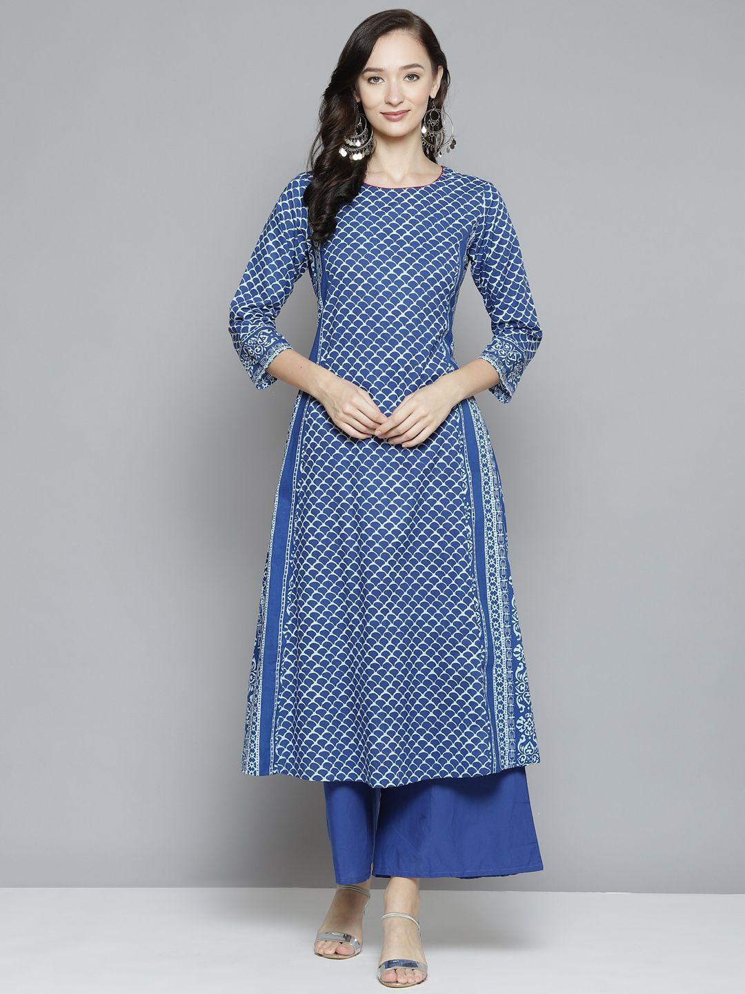 bhama couture women blue printed regular pure cotton kurta with palazzos