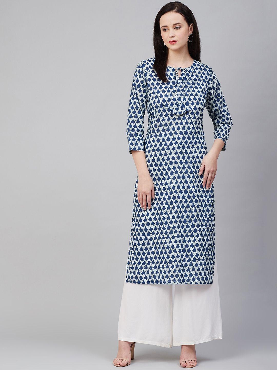 bhama couture women blue printed straight kurta