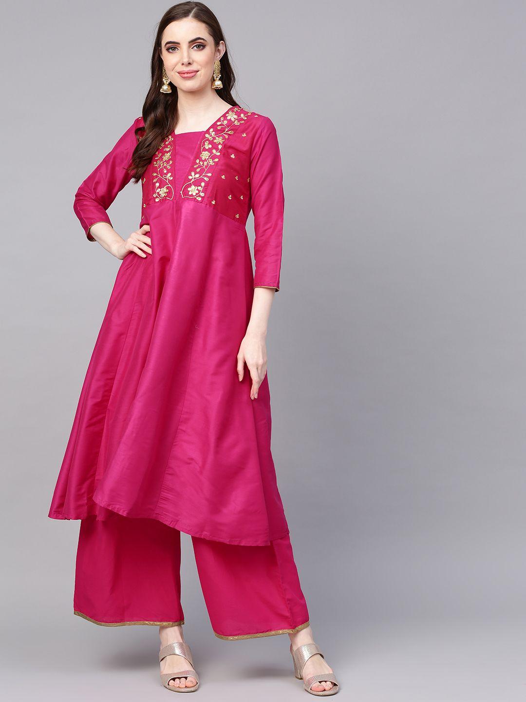 bhama couture women fuchsia pink yoke design anarkali kurta with palazzos