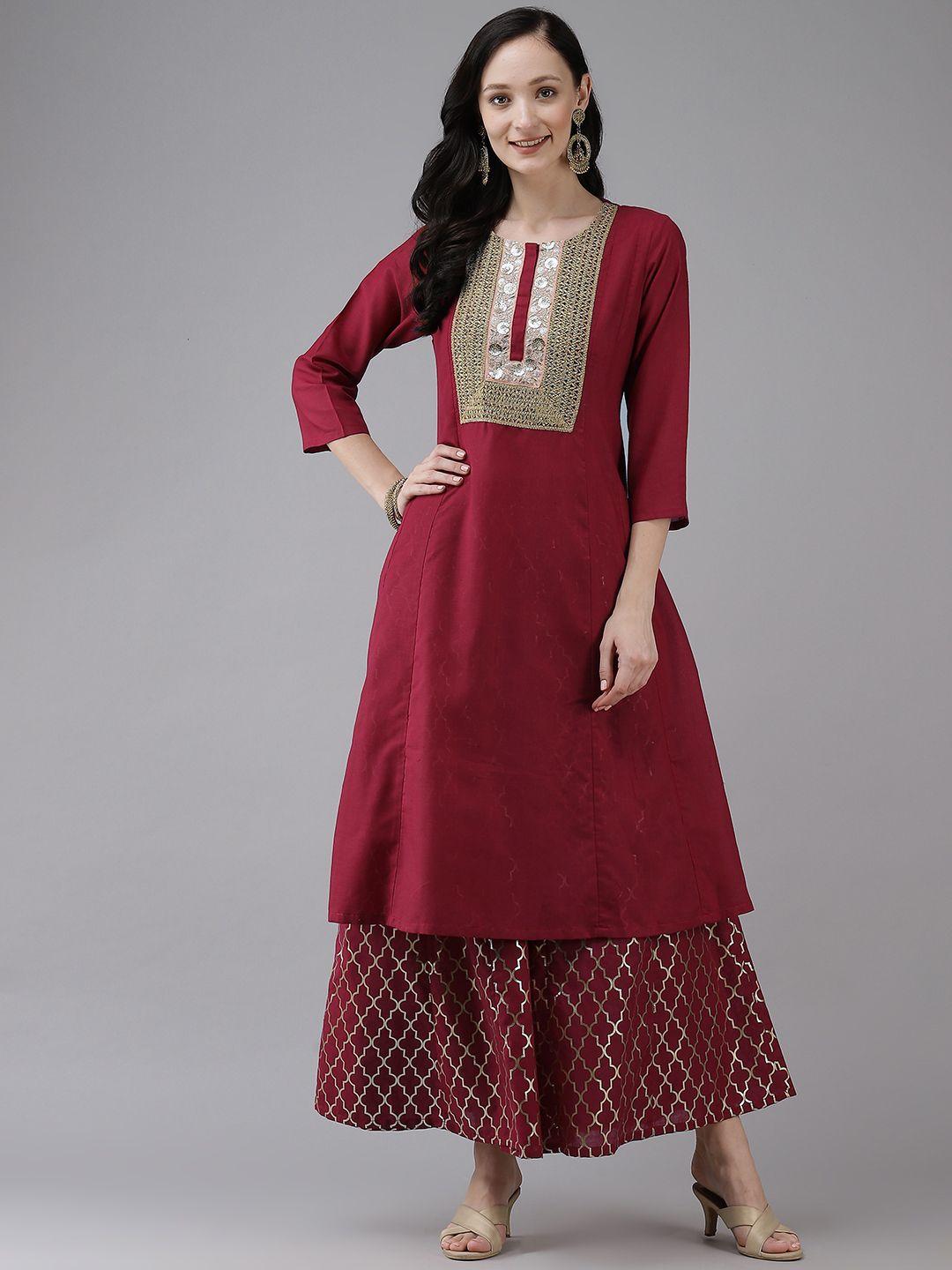 bhama couture women maroon ethnic motifs kurta with sharara