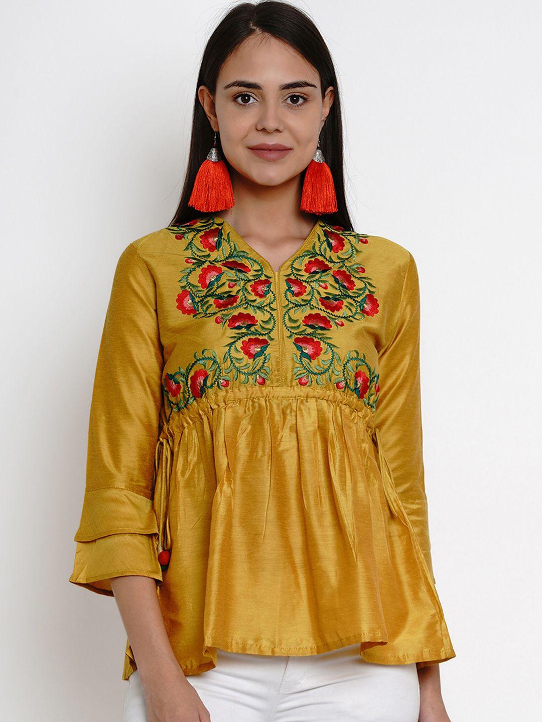 bhama couture women mustard yellow embroidered top