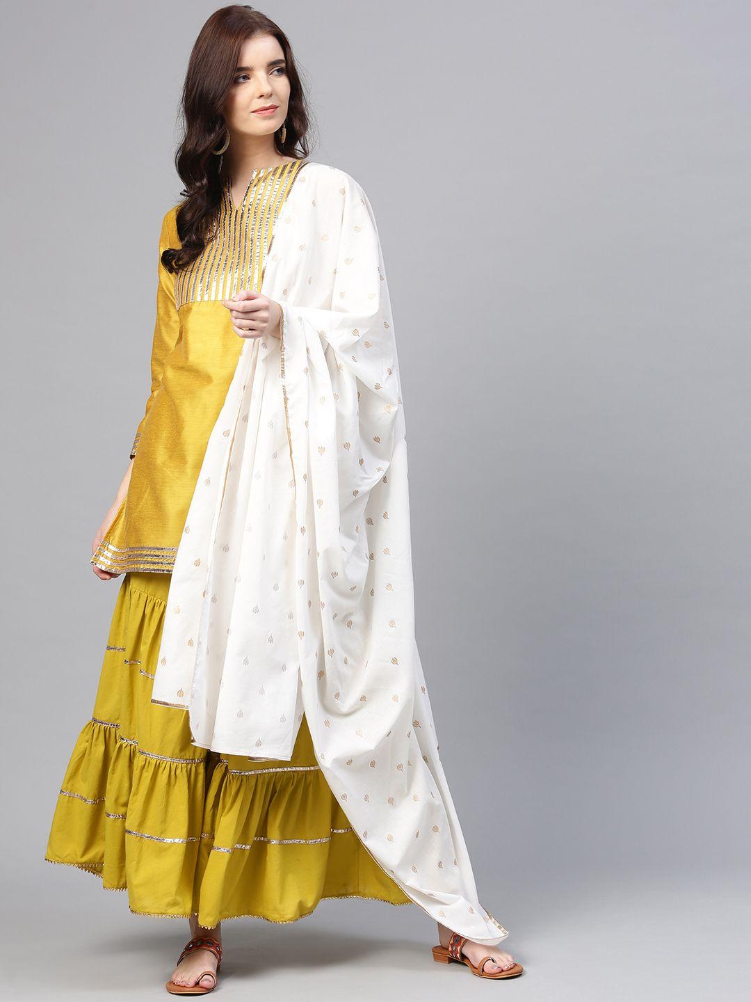 bhama couture women mustard yellow striped kurta with sharara