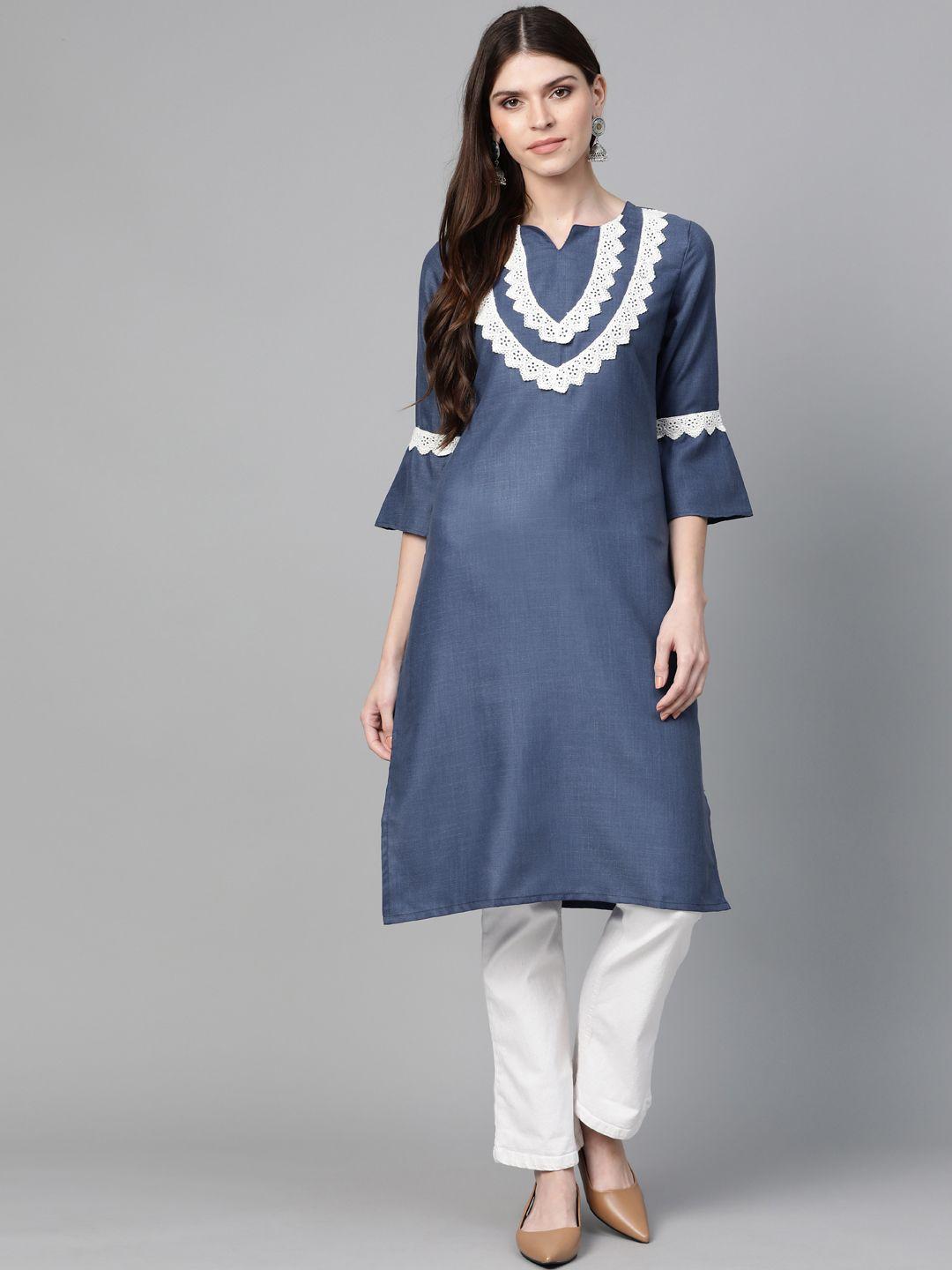 bhama couture women navy blue yoke design straight kurta