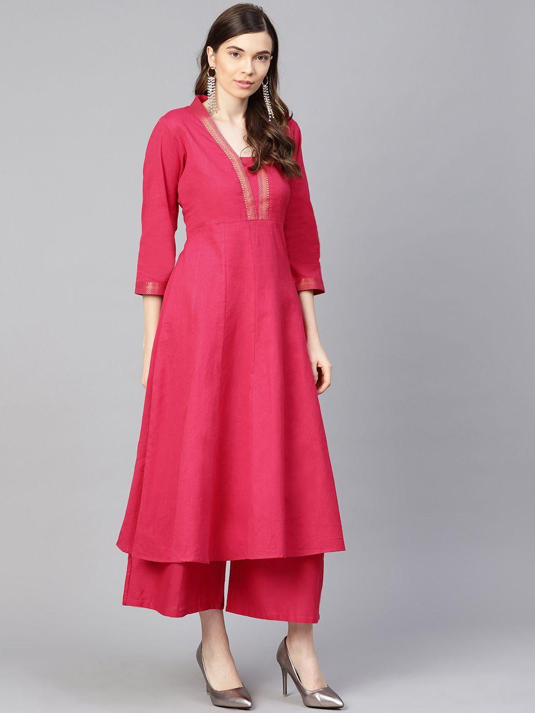 bhama couture women pink solid kurta with palazzos