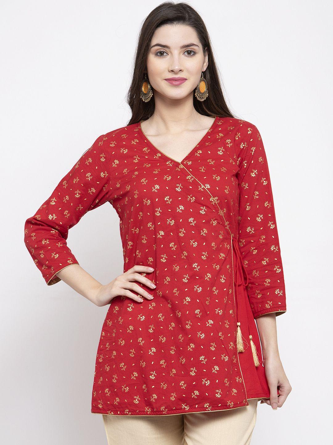 bhama couture women red & golden foil print angrakha tunic