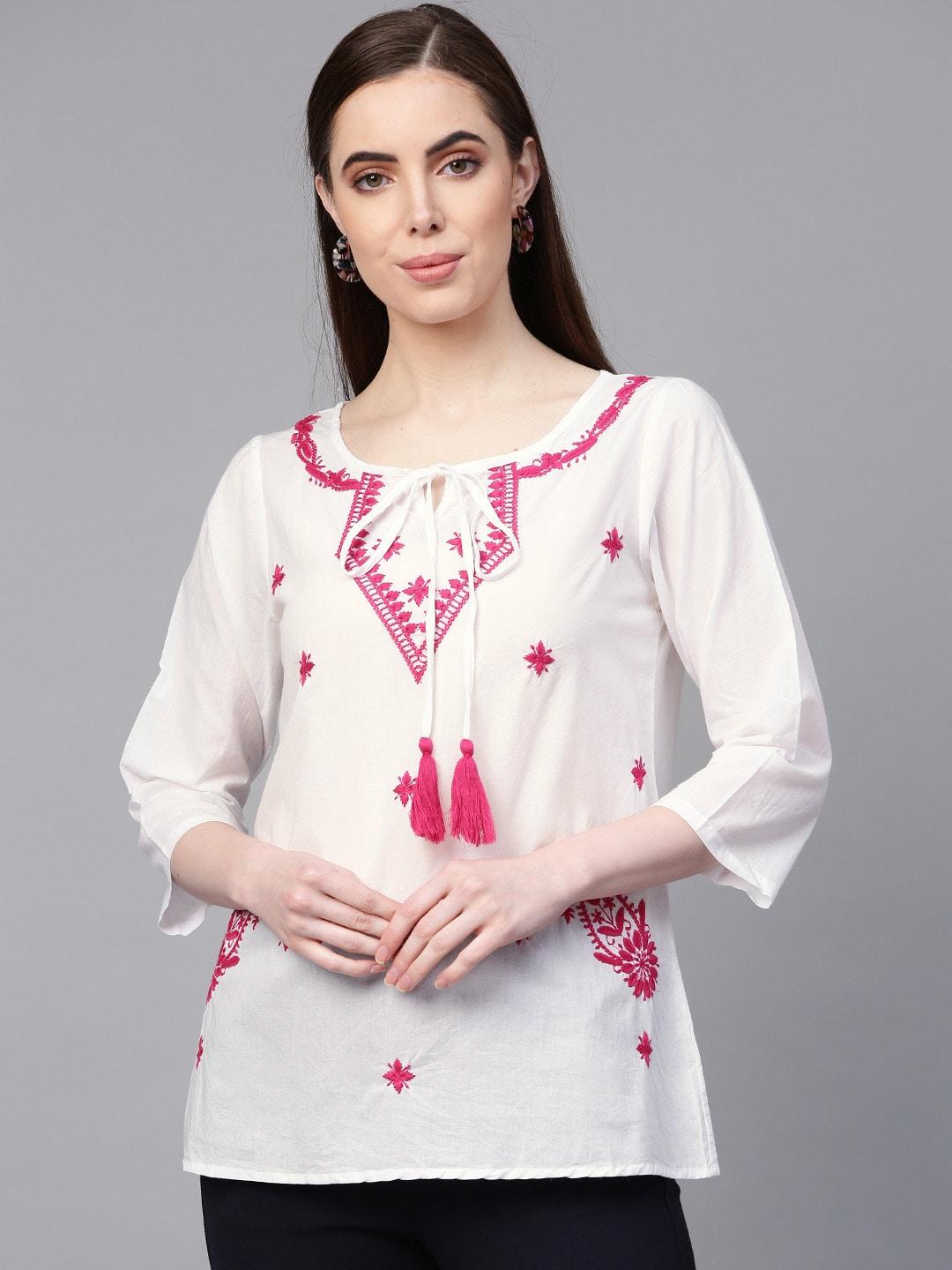 bhama couture women white & pink embroidered top