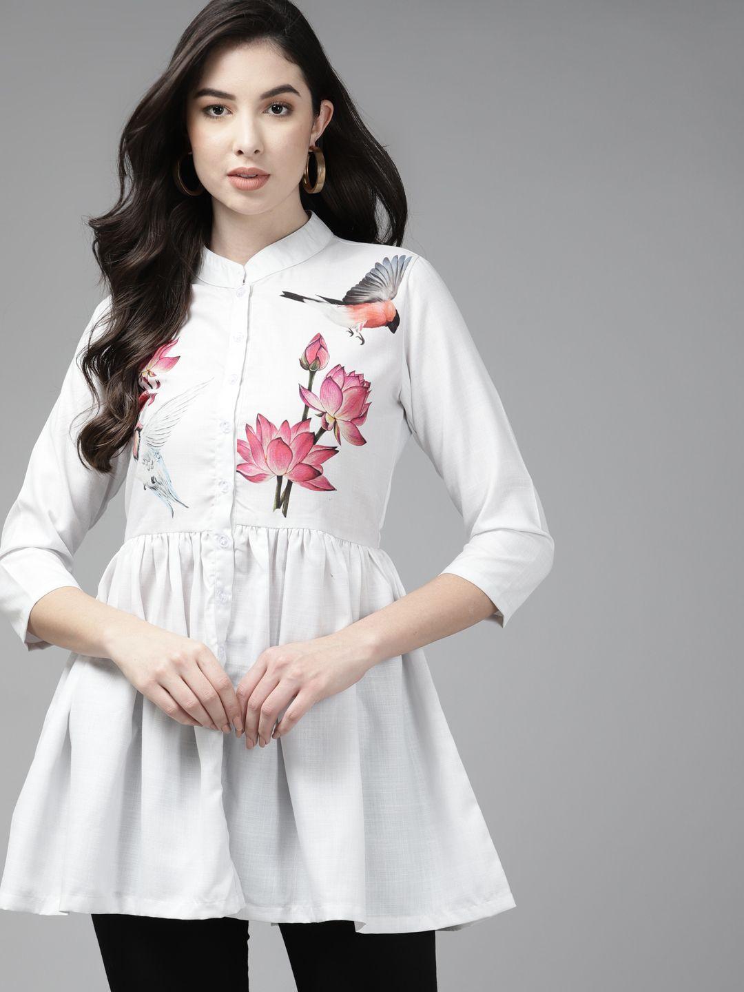 bhama couture women white & pink floral print mandarin collar peplum top