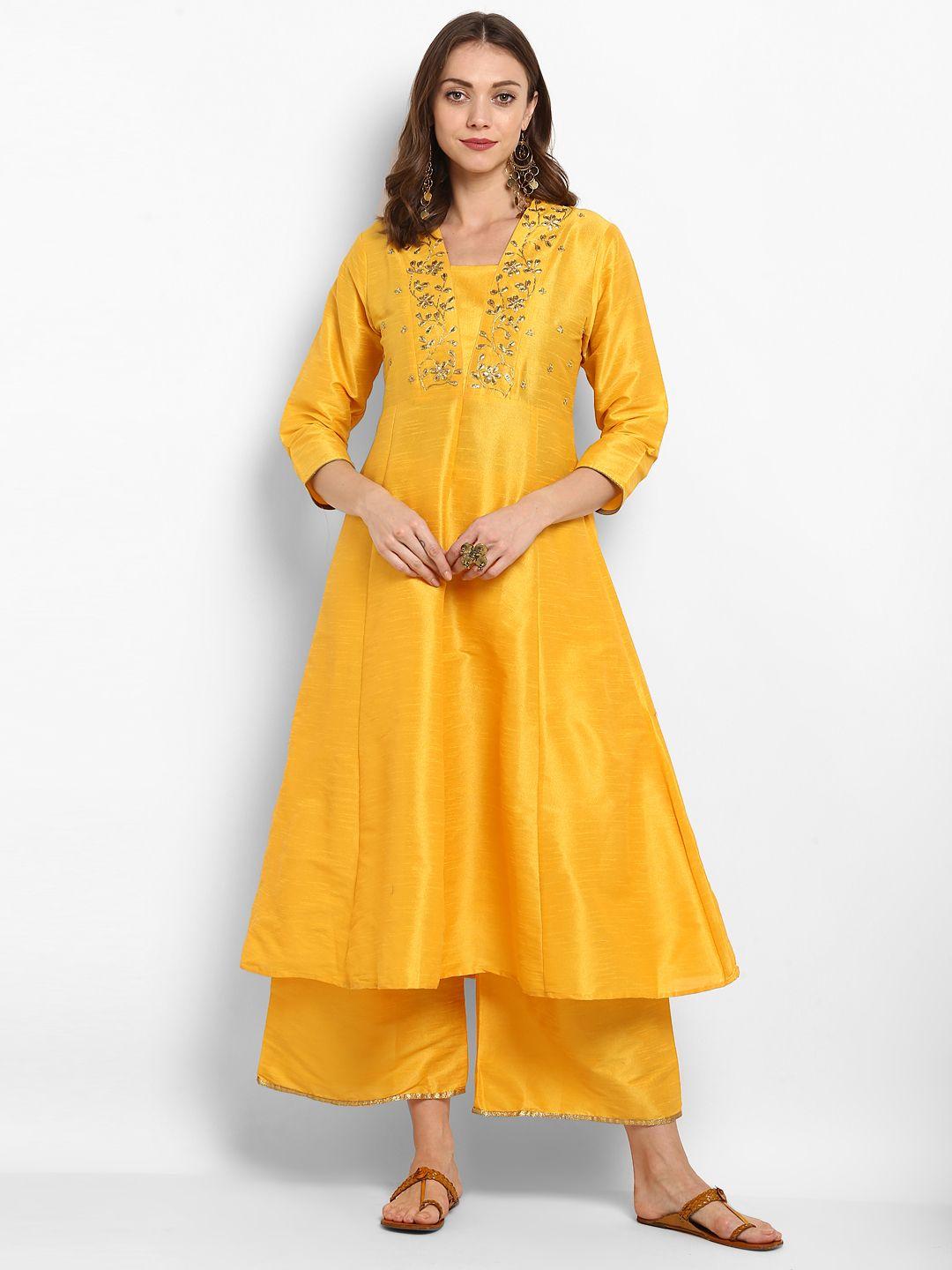 bhama couture women yellow embroidered kurta with palazzos