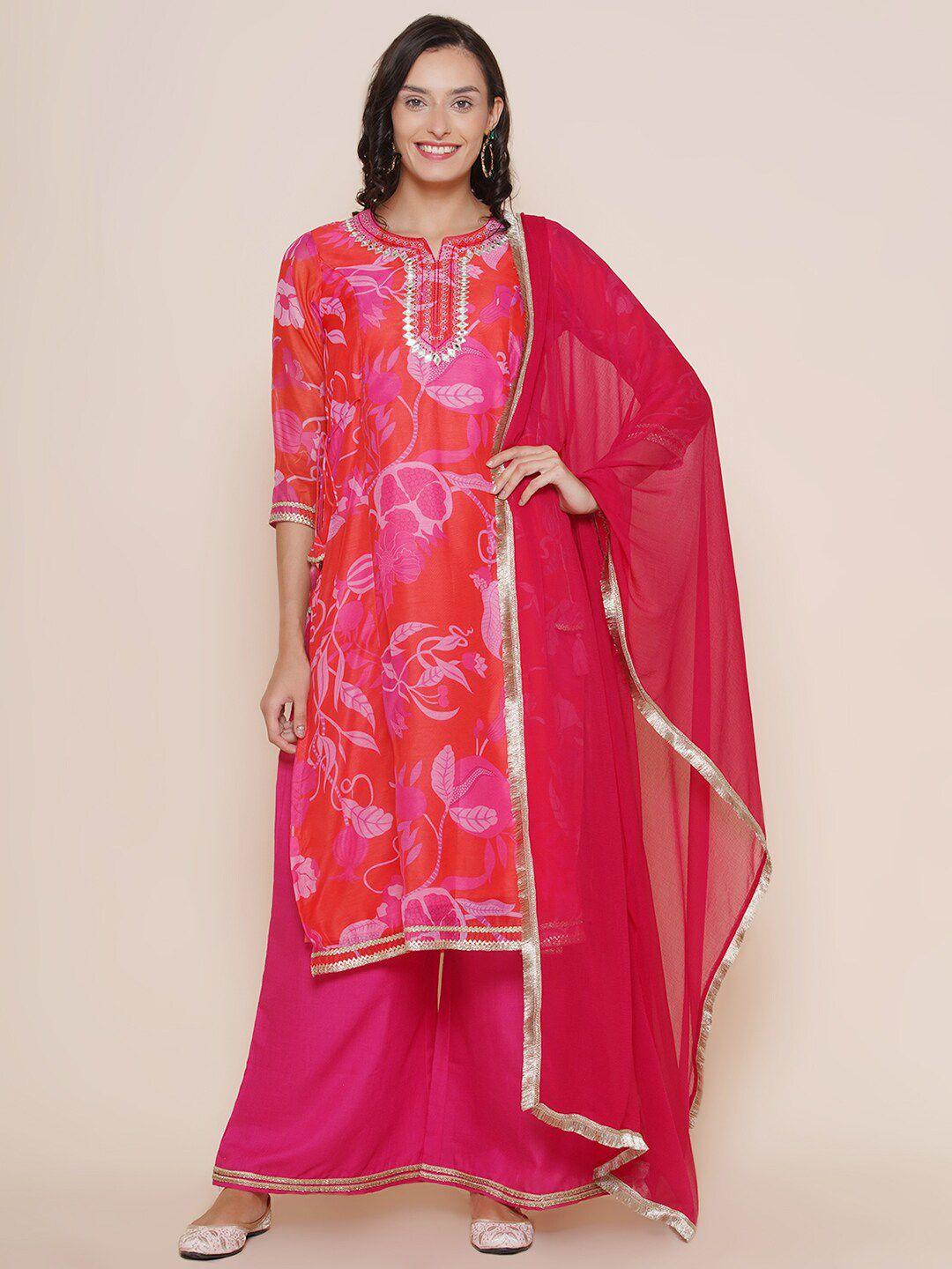 bhama couture  floral printed mirror work chanderi silk kurta with palazzos & with dupatta