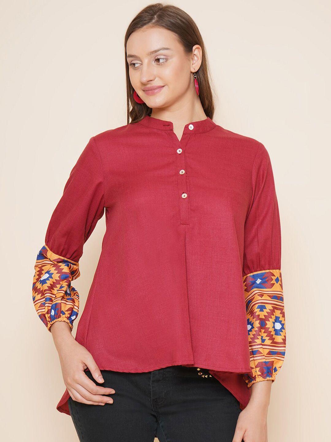 bhama couture abstract printed puff sleeves mandarin collar high low top