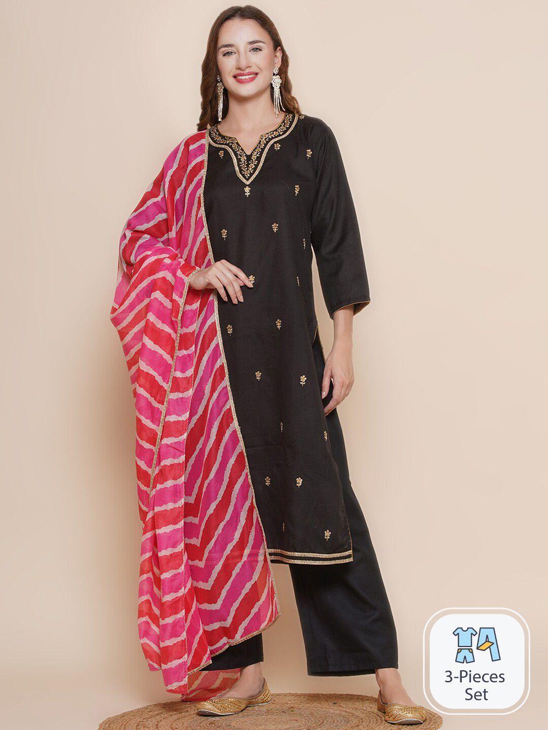 bhama couture floral embroidered straight kurta with palazzos & dupatta