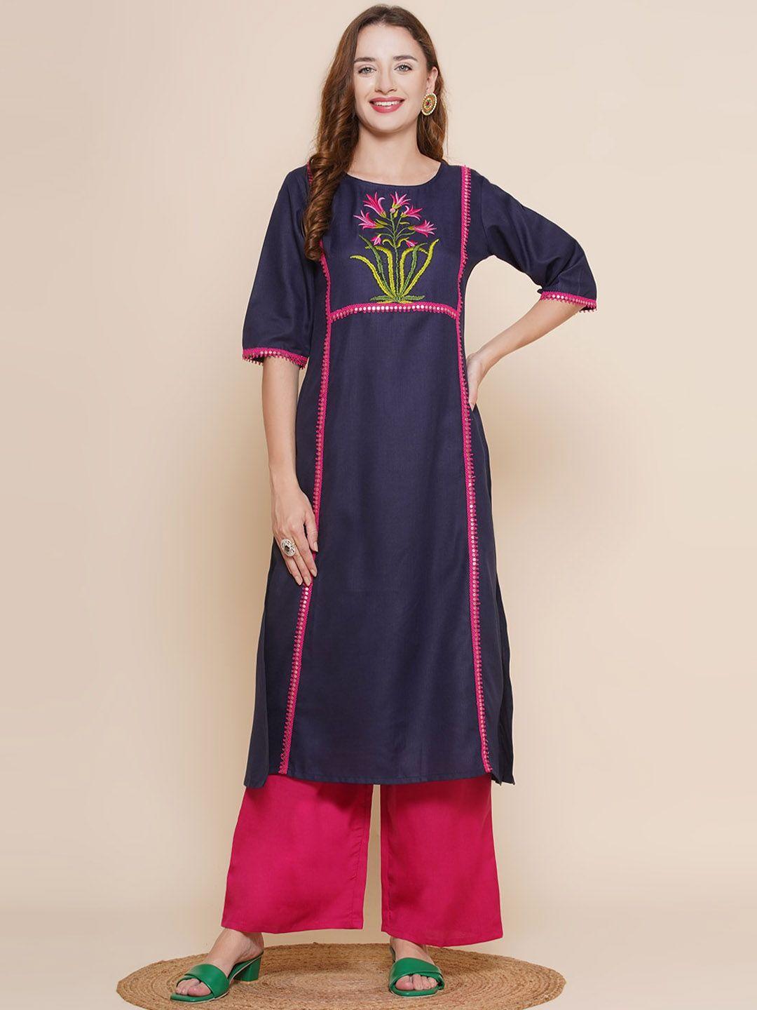 bhama couture floral embroidered yoke design straight kurta with palazzos