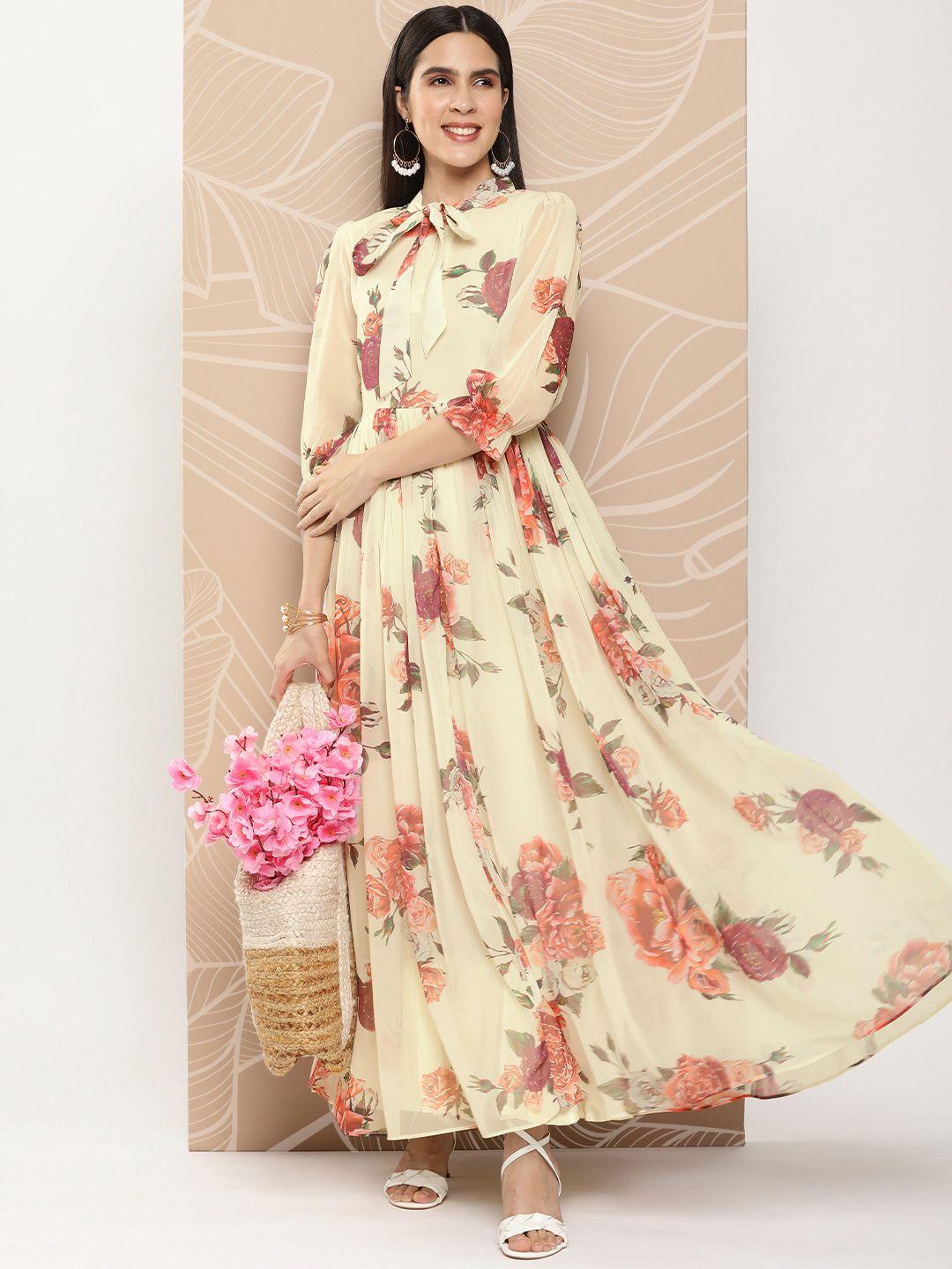 bhama couture floral print tie-up neck puff sleeves georgette maxi ethnic dress