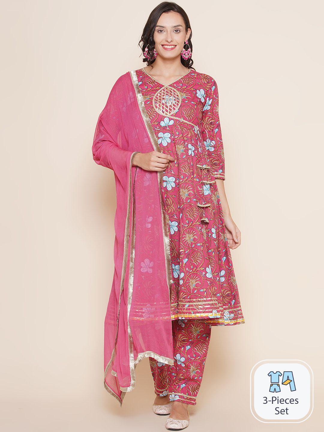 bhama couture floral printed angrakha anarkali kurta & trousers with dupatta