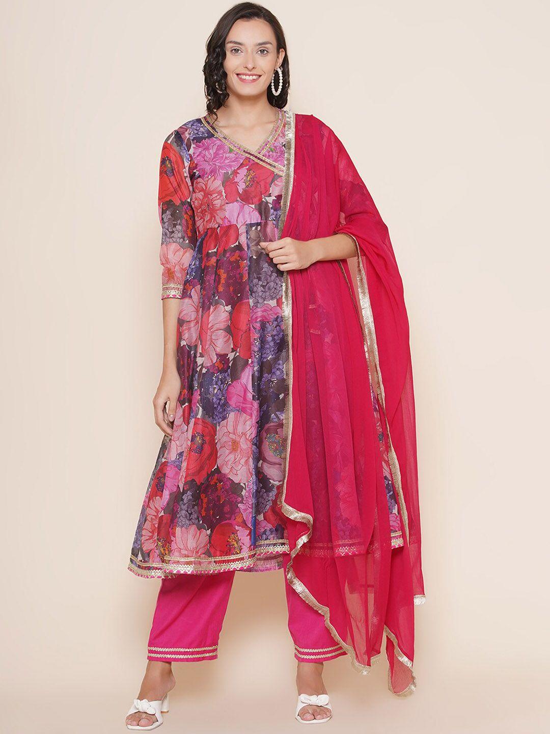 bhama couture floral printed angrakha anarkali kurta with palazzos & dupatta