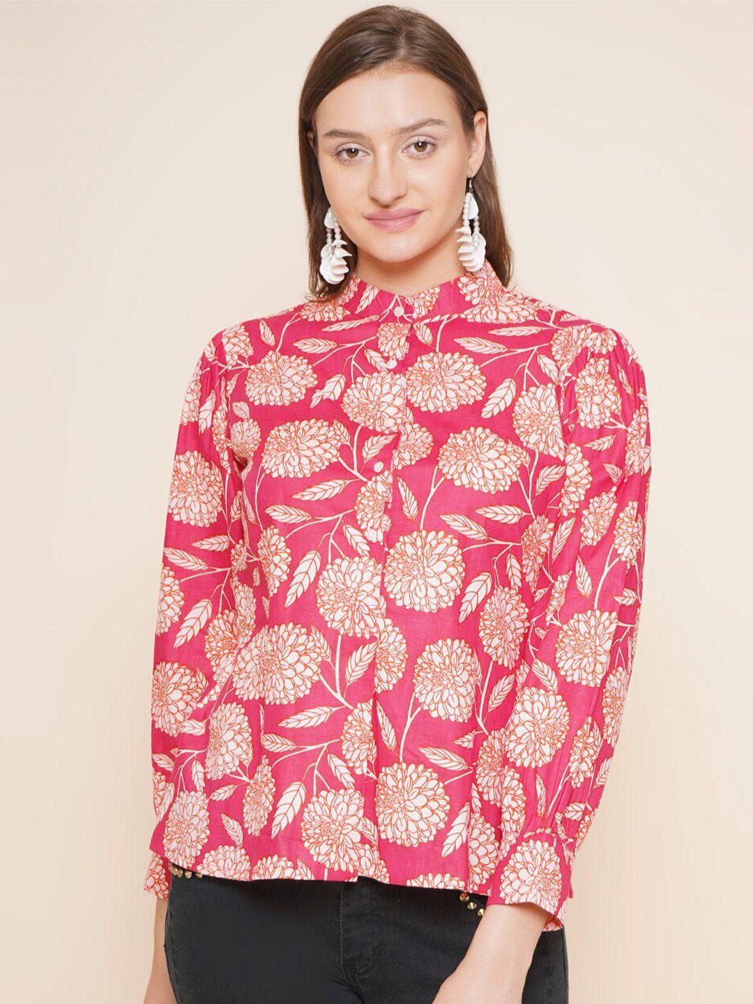 bhama couture floral printed band collar cotton casual shirt
