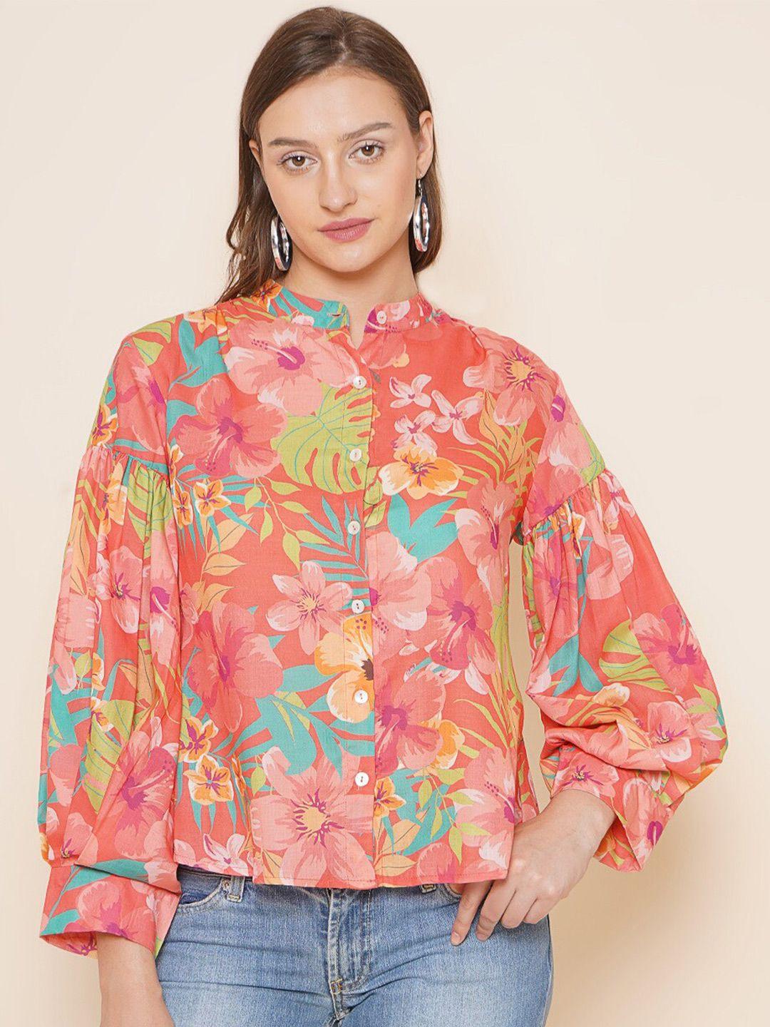 bhama couture floral printed band collar cotton shirt style top