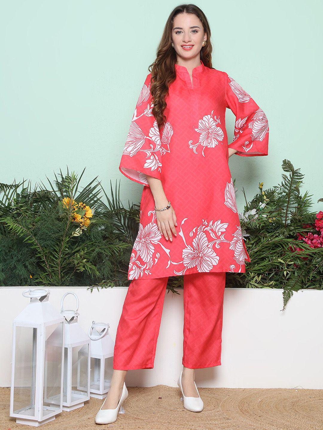 bhama couture floral printed mandarin collar flared sleeves a-line kurta with trouser