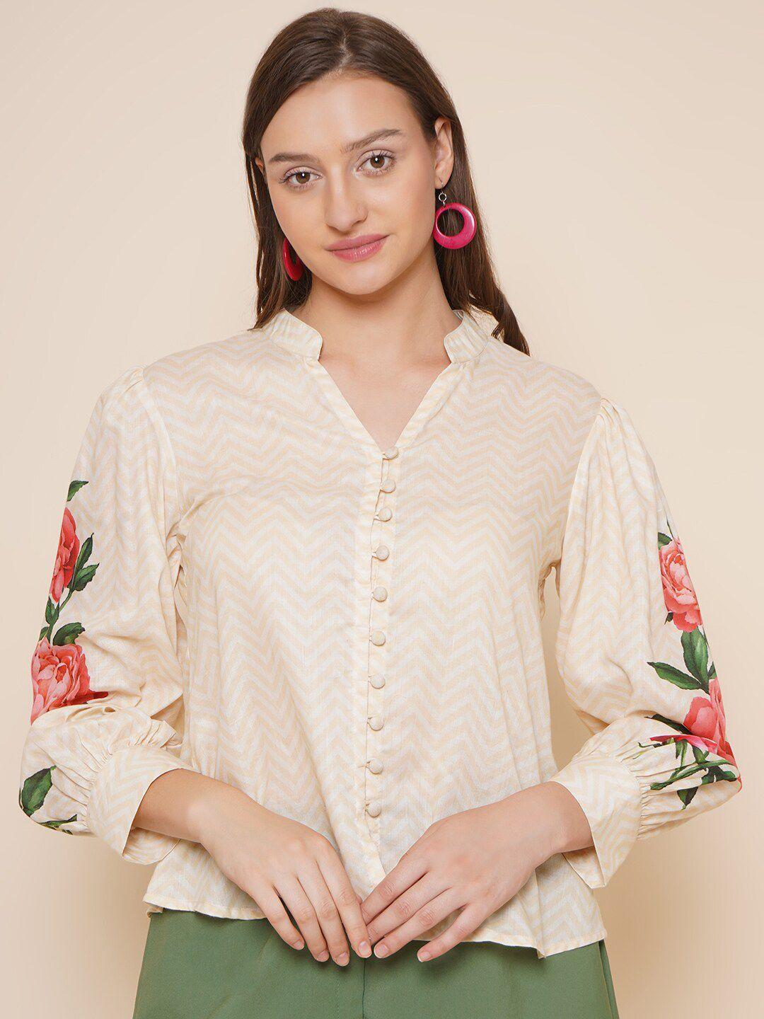 bhama couture floral printed mandarin collar puff sleeve shirt style top