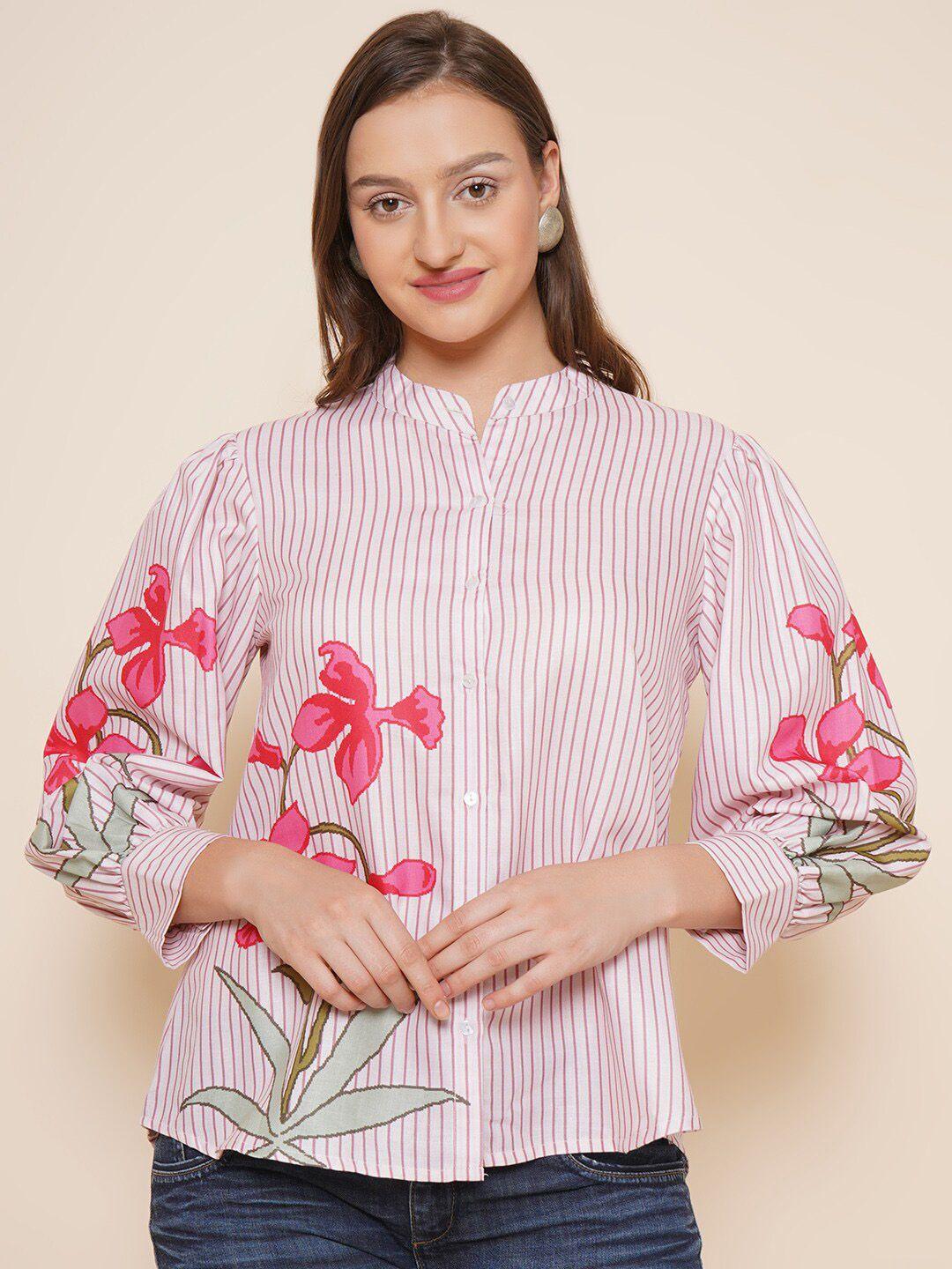 bhama couture floral printed mandarin collar shirt style top