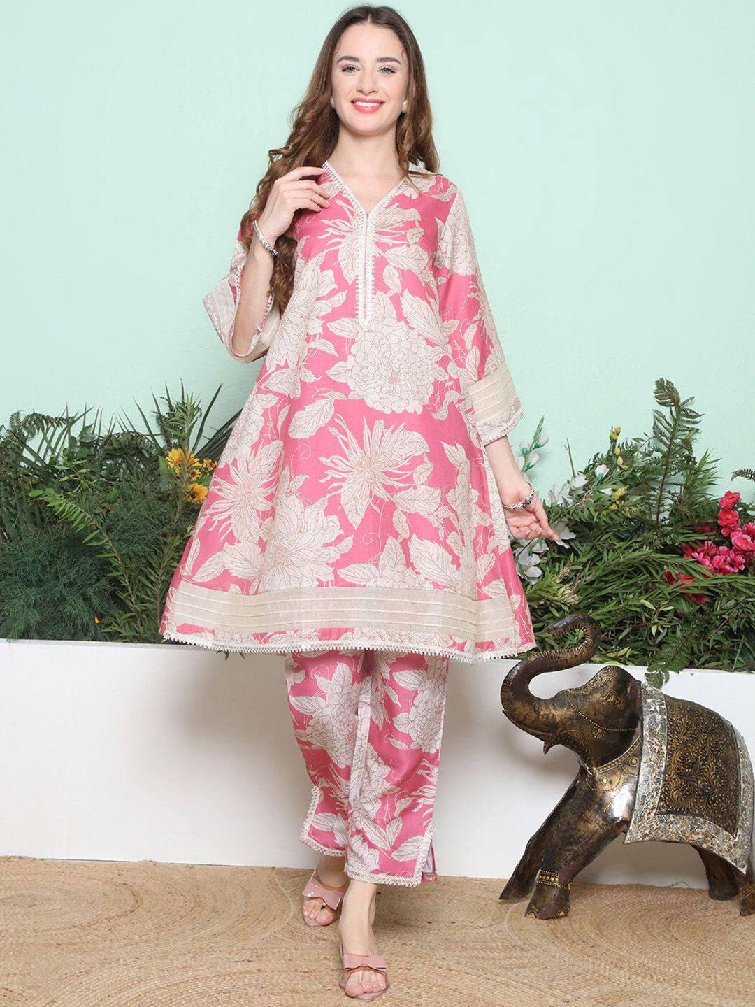 bhama couture floral printed pure cotton a-line kurta with trouser