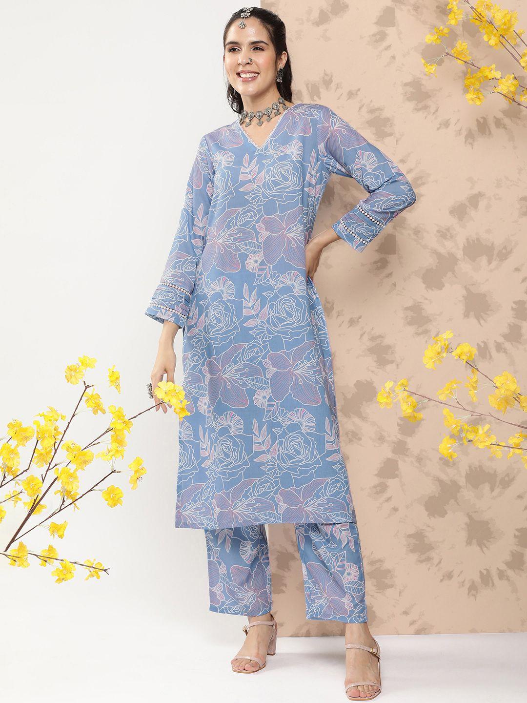 bhama couture floral printed regular kurta with palazzos with lace detail