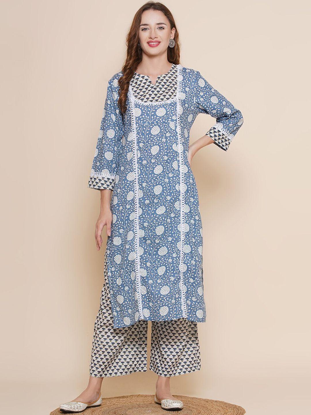 bhama couture floral printed regular thread work pure cotton kurta with palazzos