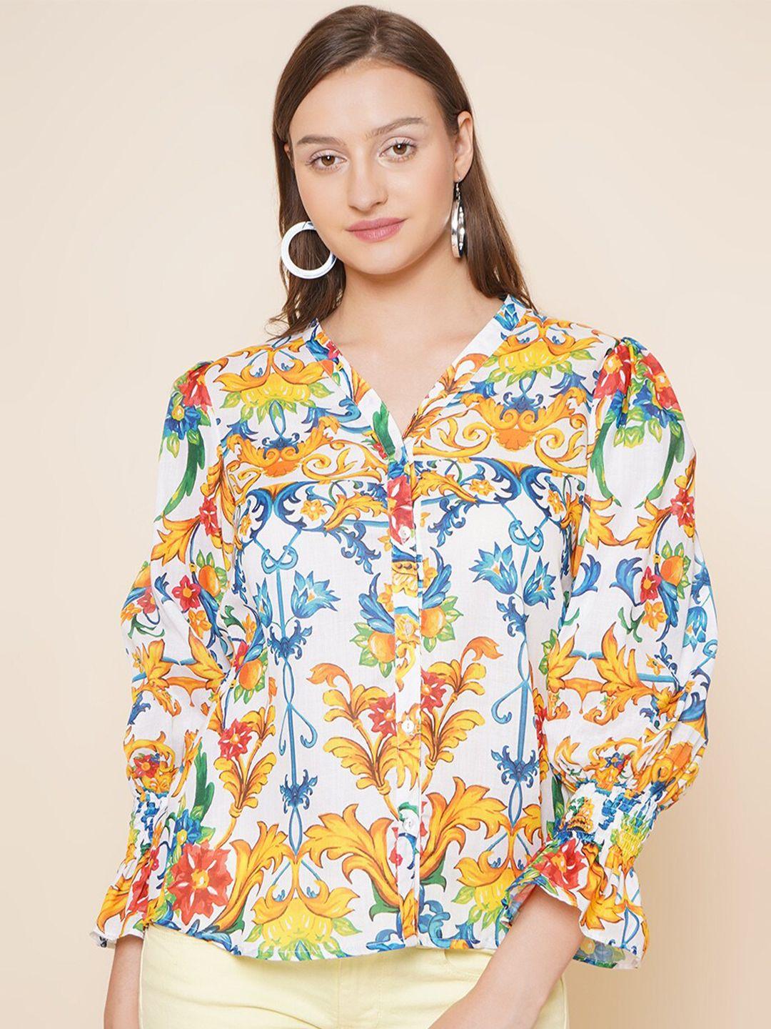 bhama couture floral printed v-neck puff sleeves cotton top