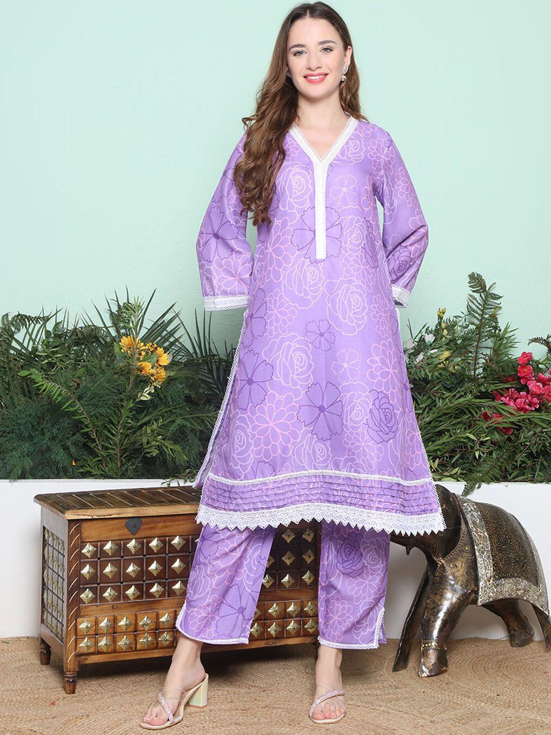 bhama couture floral printed v-neck regular pure cotton kurta with trousers