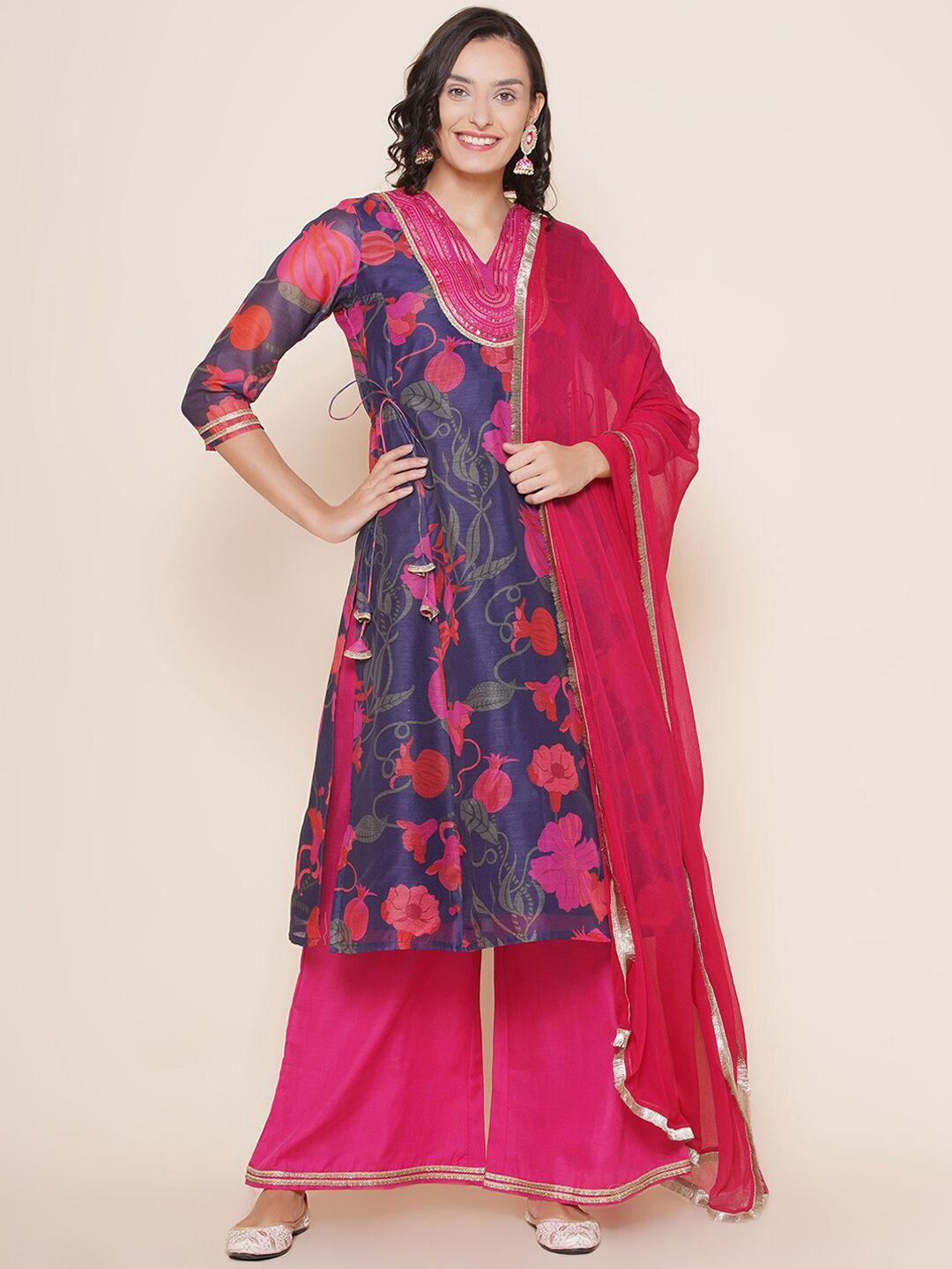 bhama couture floral printed v-neck thread work regular kurta with palazzos & dupatta