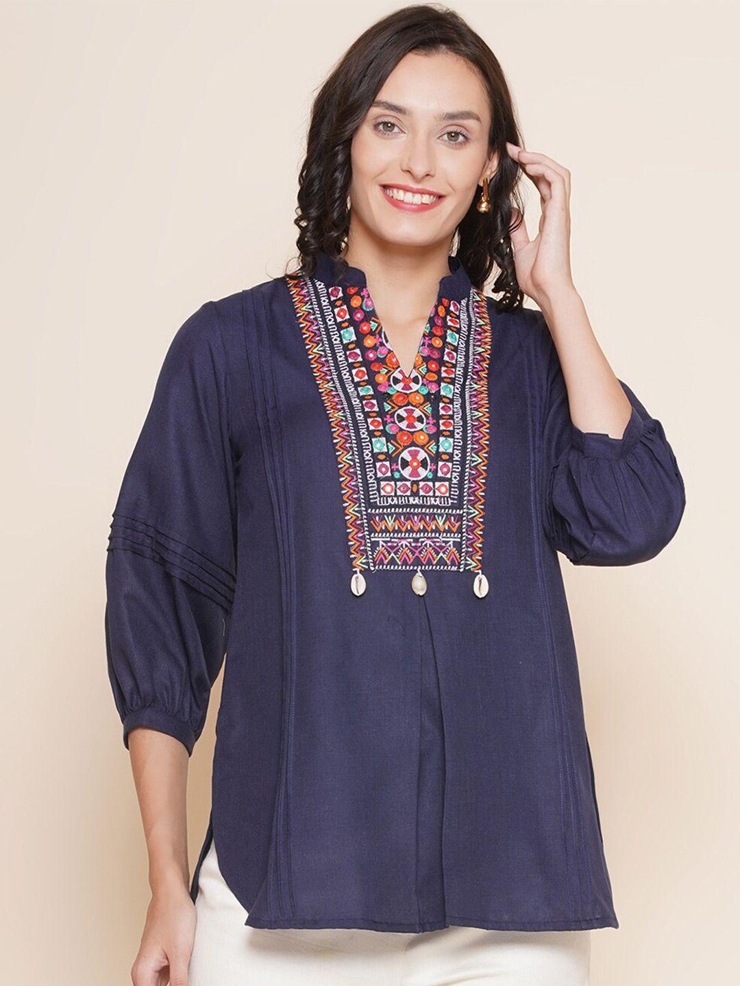 bhama couture mandarin collar embroidered cotton ethnic tunic