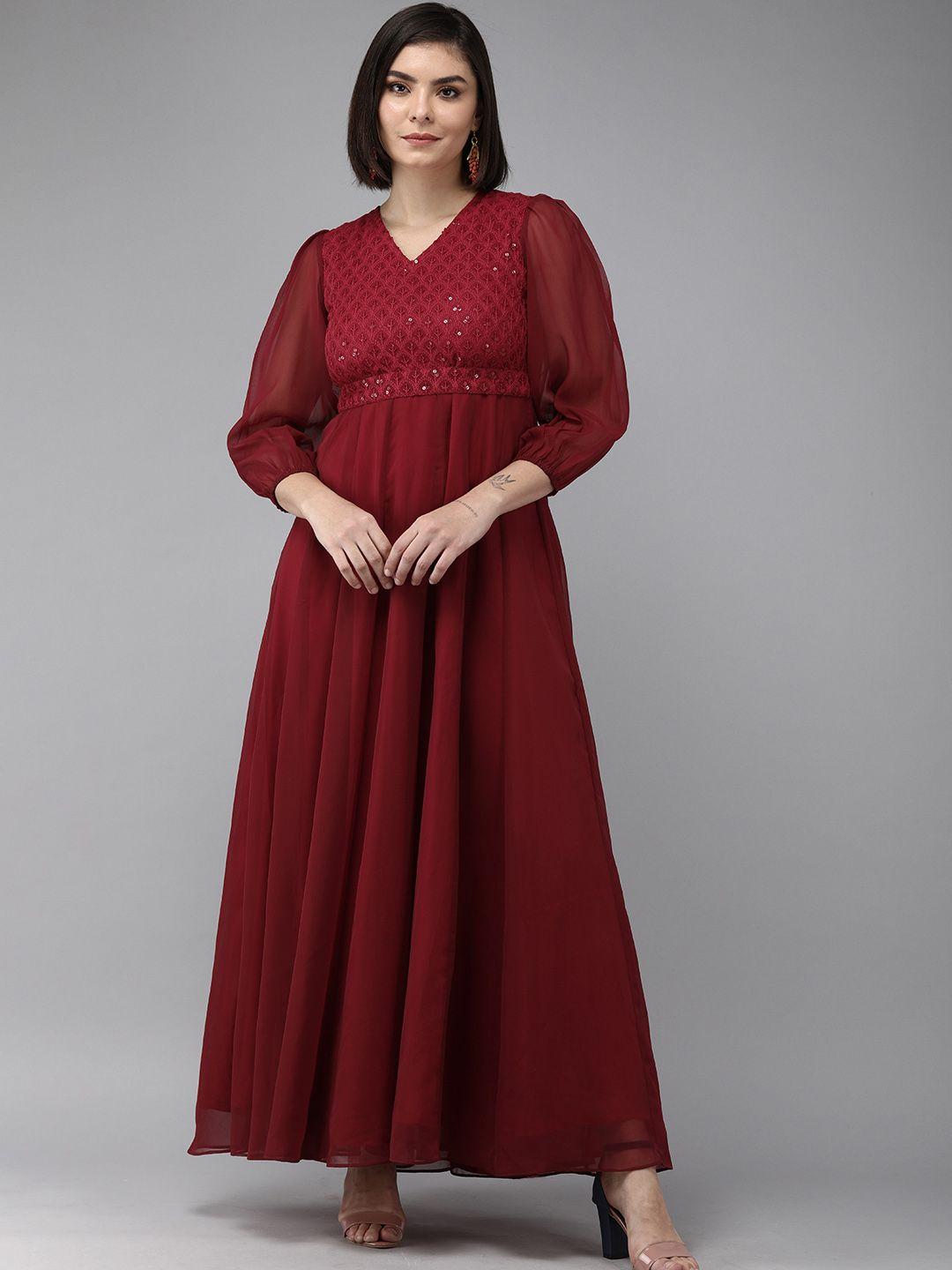 bhama couture maroon embellished georgette maxi fit & flare dress