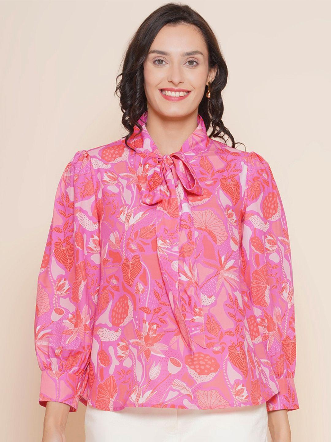 bhama couture pink & persian pink print tie-up neck top