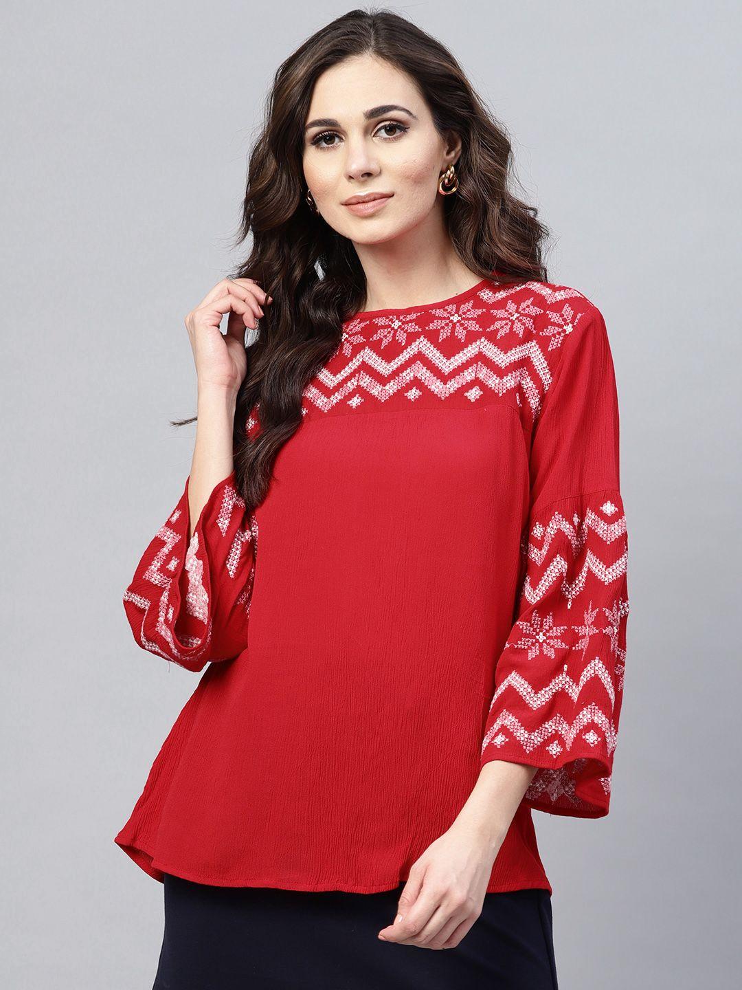 bhama couture red embroidered detail a-line top