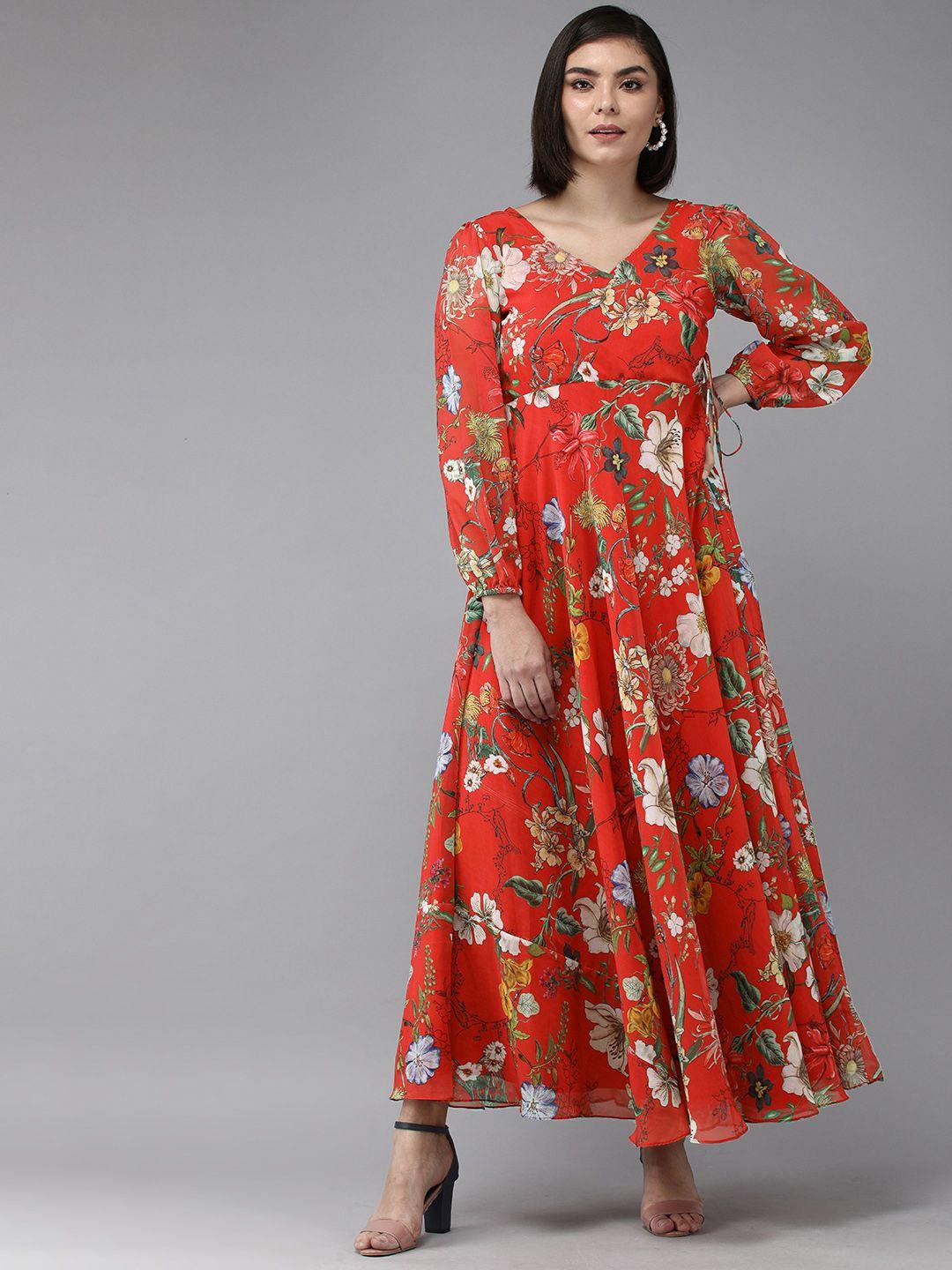 bhama couture red floral georgette fit & flare maxi dress