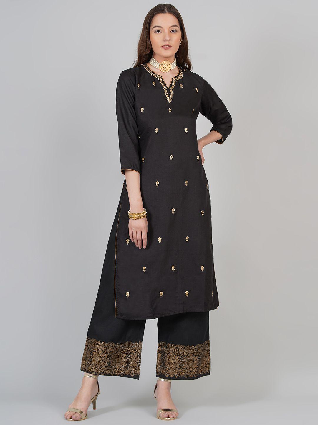 bhama couture women black & beige printed kurta with palazzos